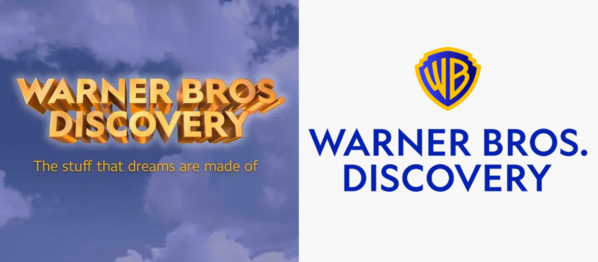A comparison of the two logos, with the text-only Warner Bros. Discovery graphic on the left, and one with a version of the traditional WB shield on the right.