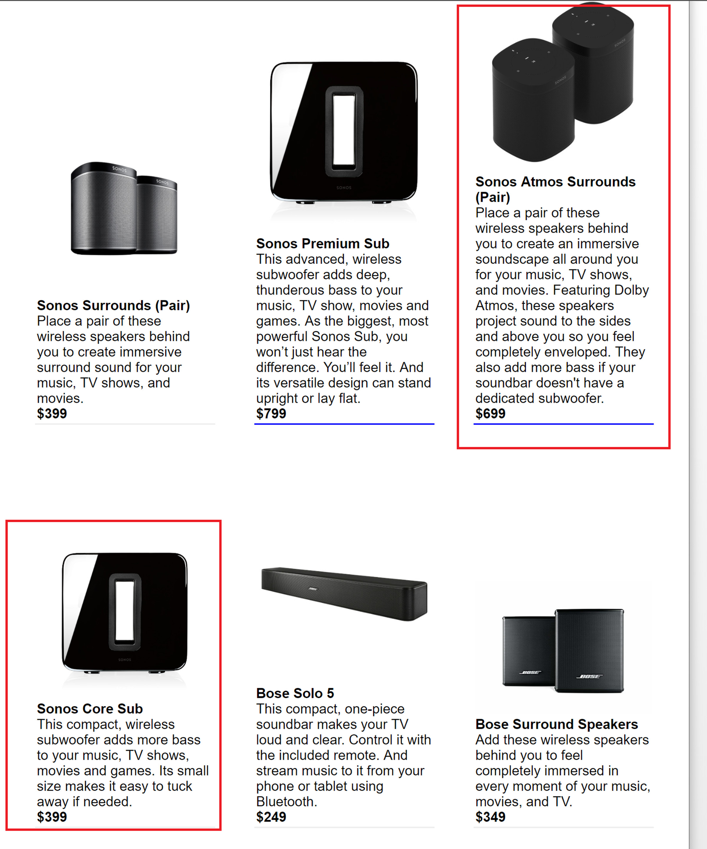 The survey described a number of non-existent Sonos products with potential pricing. Pictures of current models were used as illustrations.