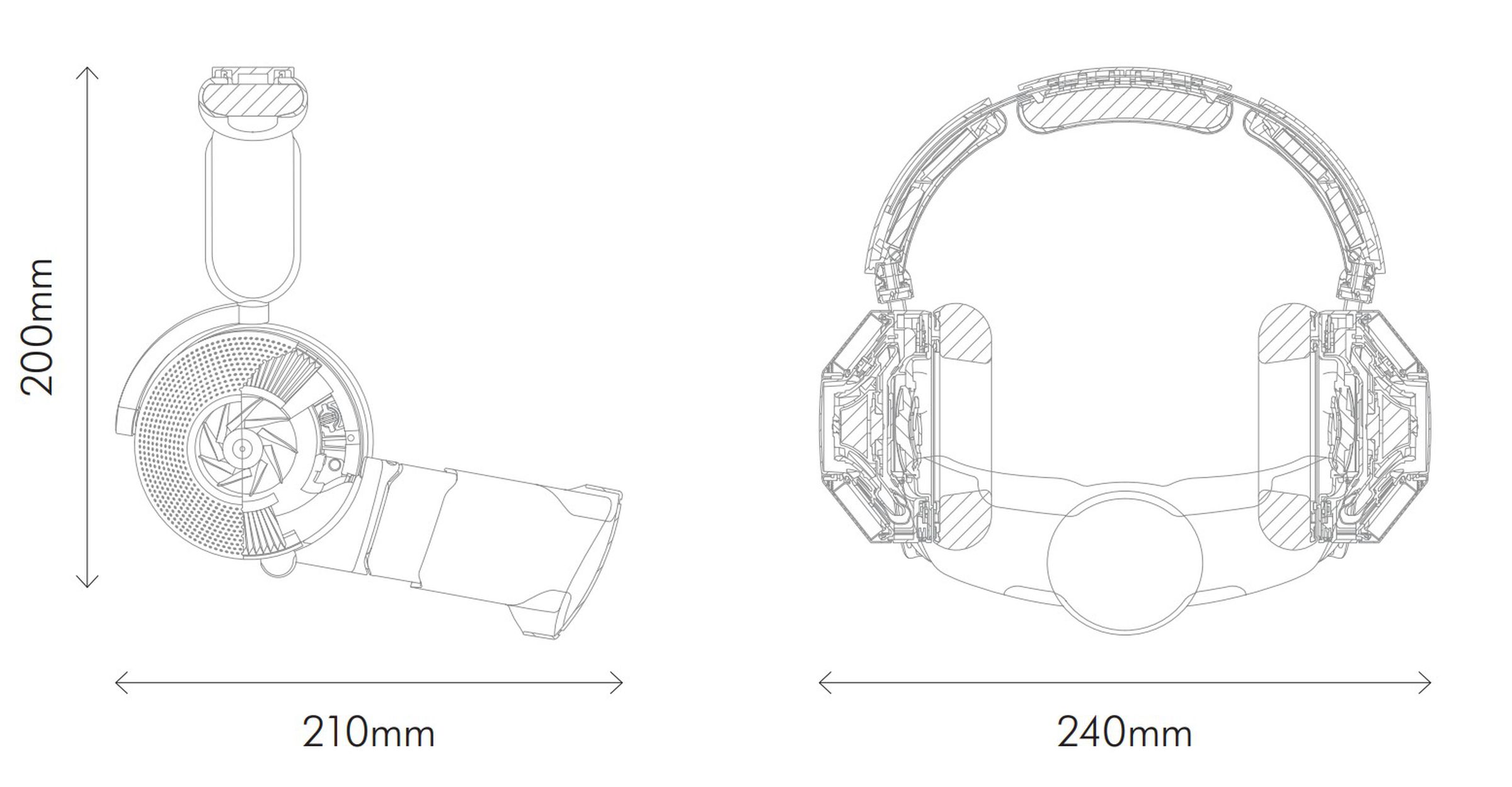 An illustration showing the design blueprints for the Dyson Zone. Measurements says the headphones are 200mm in height, 240mm wide, and have a depth of 210mm with the attached visor.