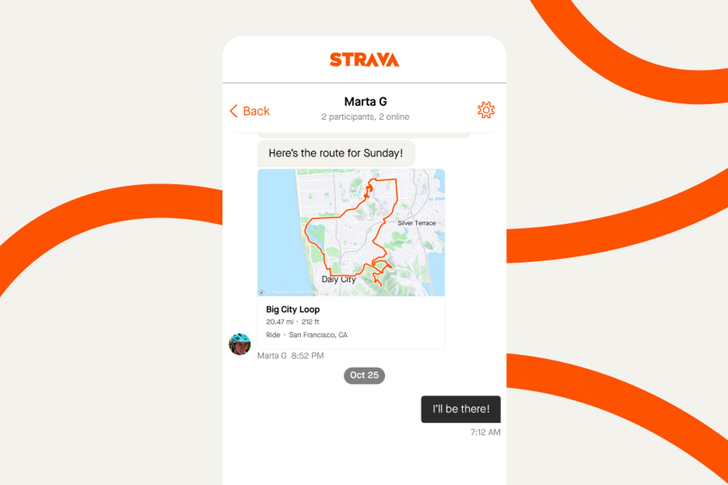 Graphic render of messaging in Strava App on an abstract background