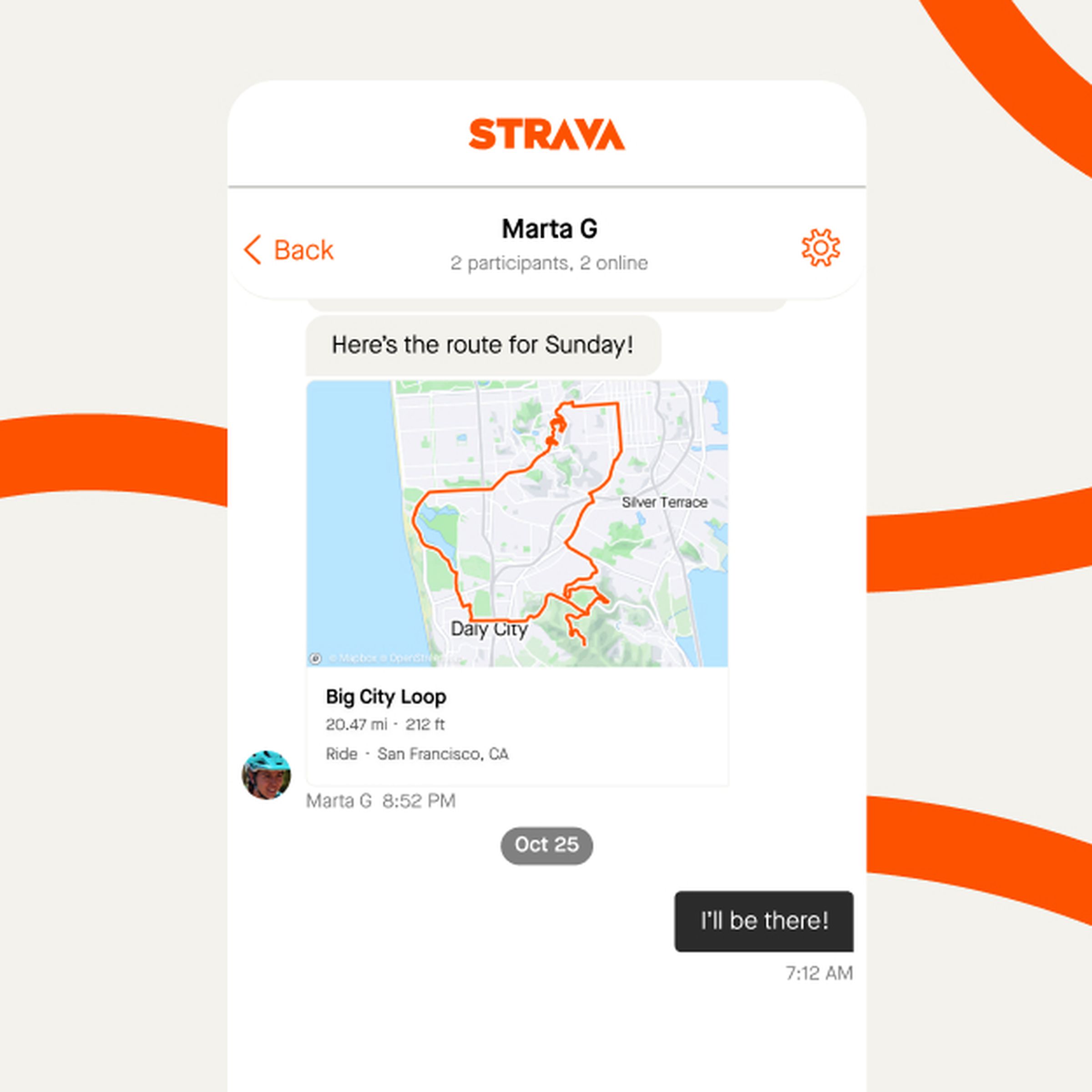 Graphic render of messaging in Strava App on an abstract background
