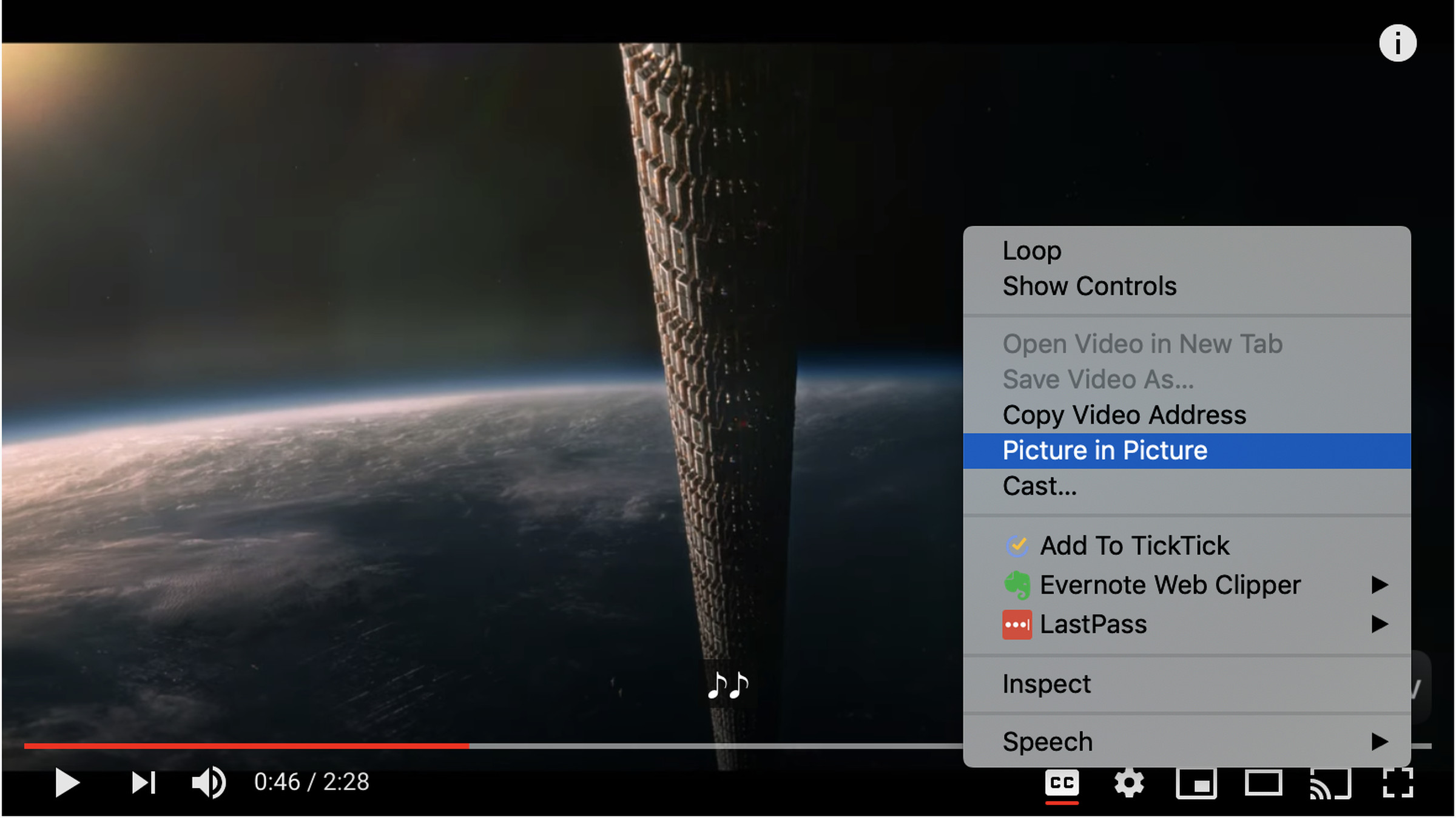 Right-click twice in the YouTube video to get the Picture in Picture menu selection.