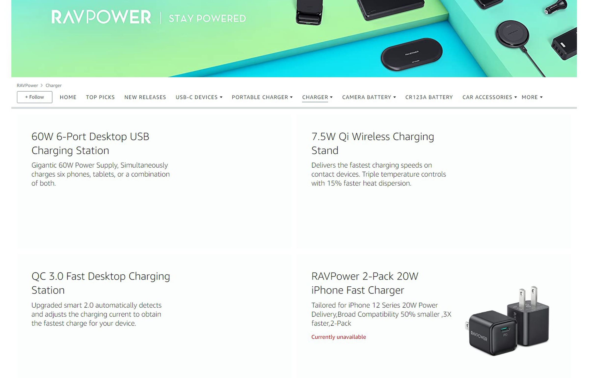 RavPower’s seller page is still up, but it’s empty.