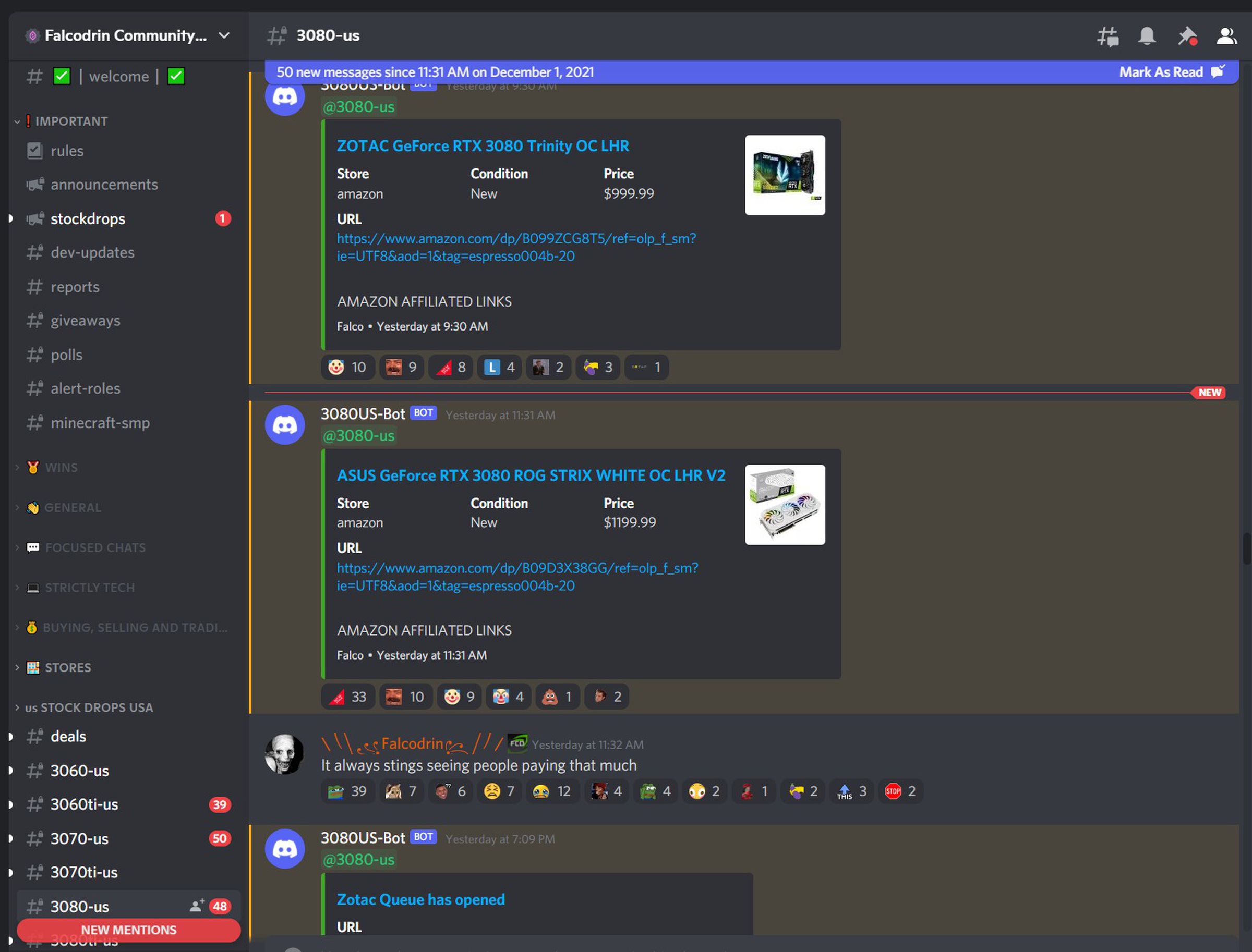 Alerts are pinging for various types graphics cards in a column on the left, while a chat window in the center lists each item with their price and link and emoji reactions from various community members.