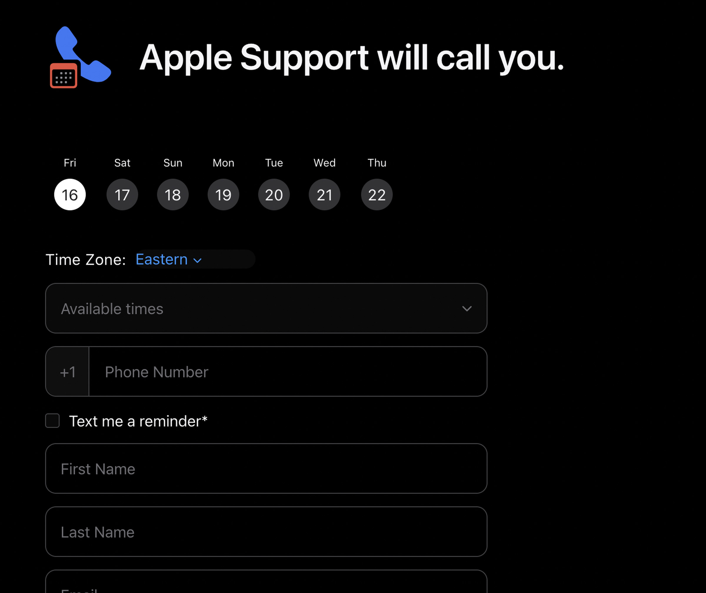 The dialogue for scheduling an Apple Support call.