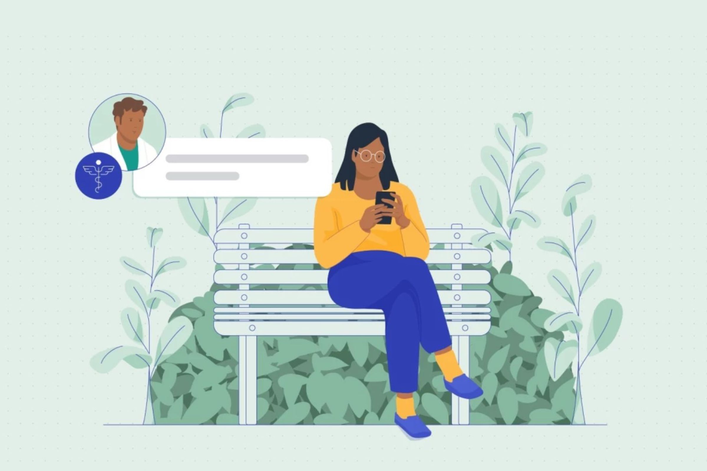An illustration of a person sitting on a park bench. They are messaging a healthcare provider on their mobile device.