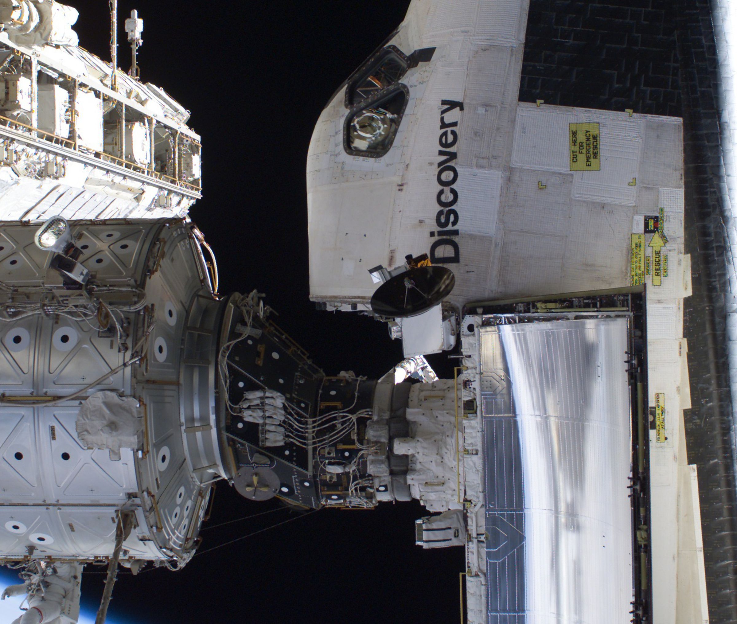 One of the station’s PMAs hooked up to Space Shuttle Discovery.