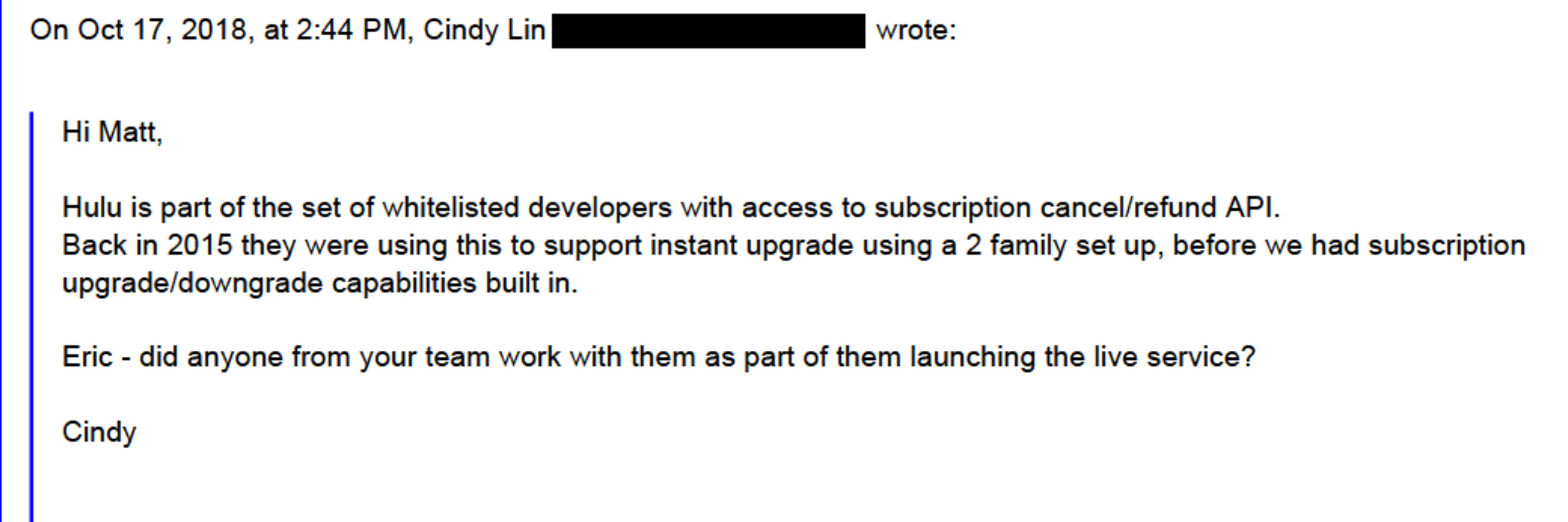 Cindy Lin’s explanation of how Hulu may have been able to automatically cancel subscriptions.
