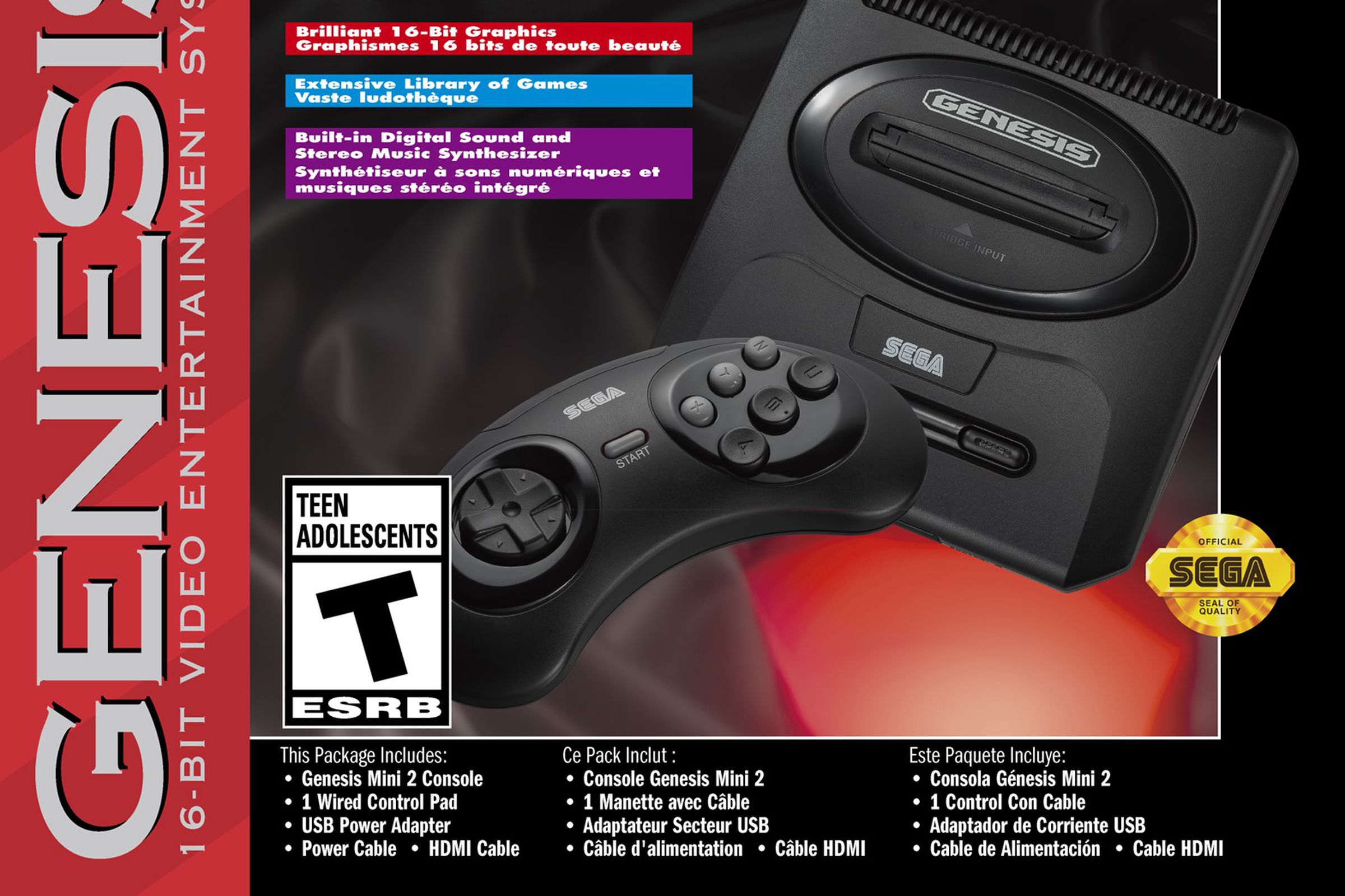 Packshot of the Sega Genesis Mini 2 featuring the console, the six button Genesis controller, and a list of specifications and included accessories