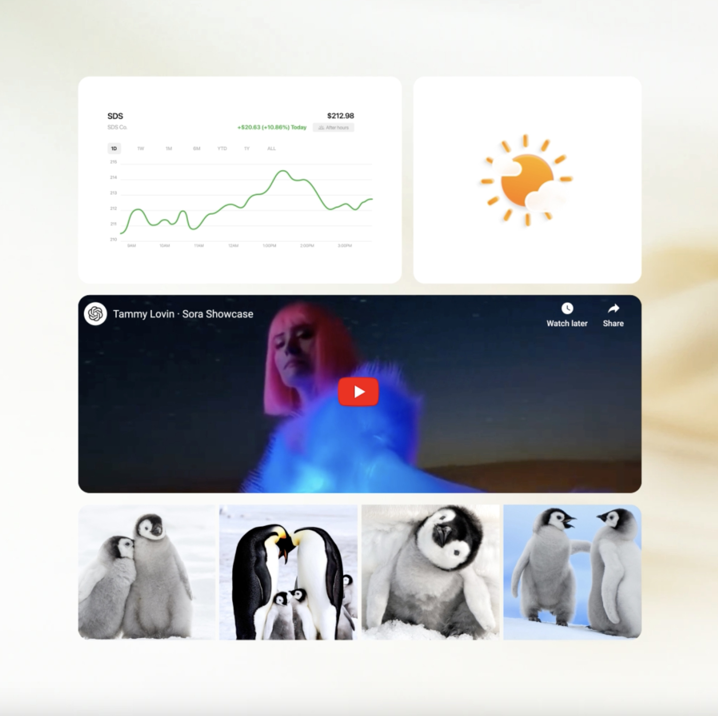 SearchGPT’s “visual answers” feature showcases an AI-generated video from OpenAI’s Sora, via YouTube. It also includes a row of single images of penguins and their families. On top, there is a screenshot of a company’s stock, and to the right of that, a sun covered in clouds.