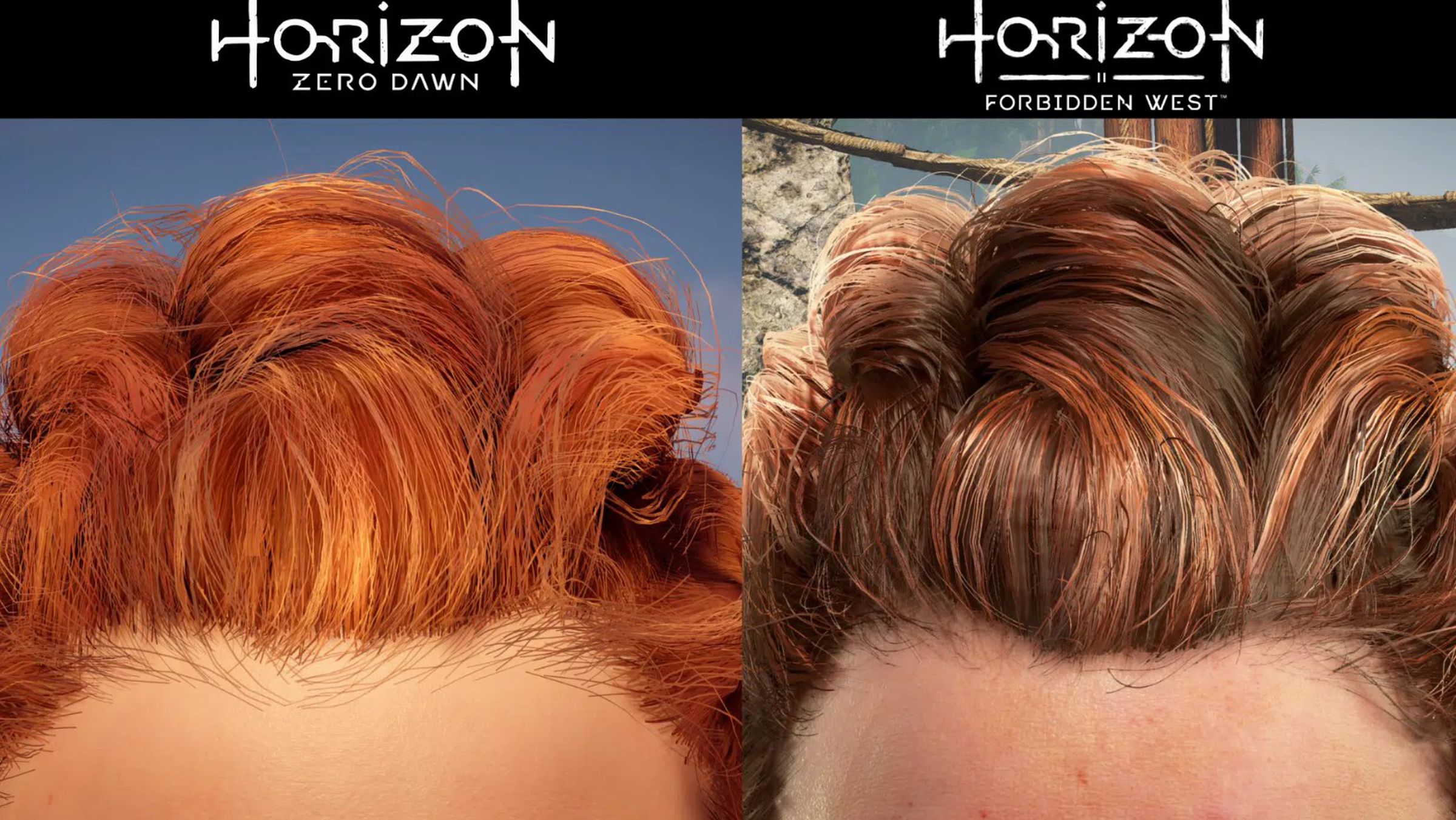A side-by-side comparison of the graphics of Horizon: Forbidden West and Horizon: Zero Dawn