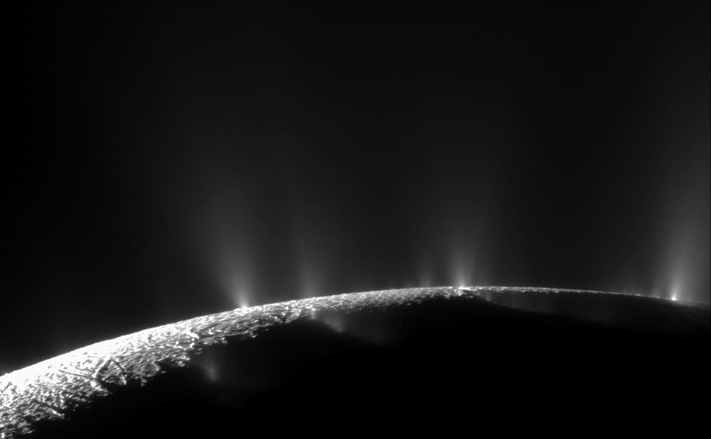 Plumes near the south pole of Enceladus.