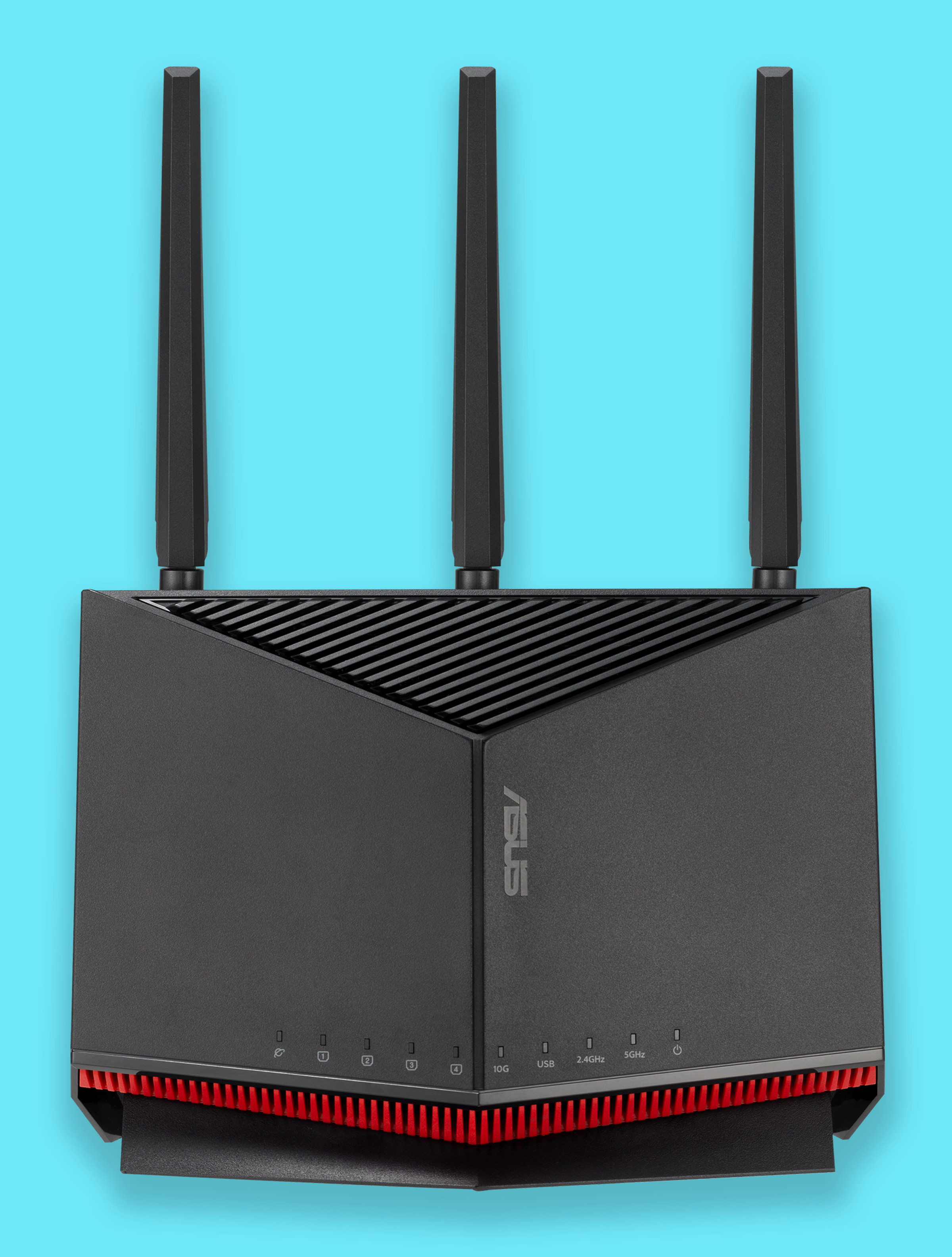 A picture of the Asus RT-86U from the front. It’s black, has a red chevron-shaped piece at the bottom, and three antennas jutting from the top.