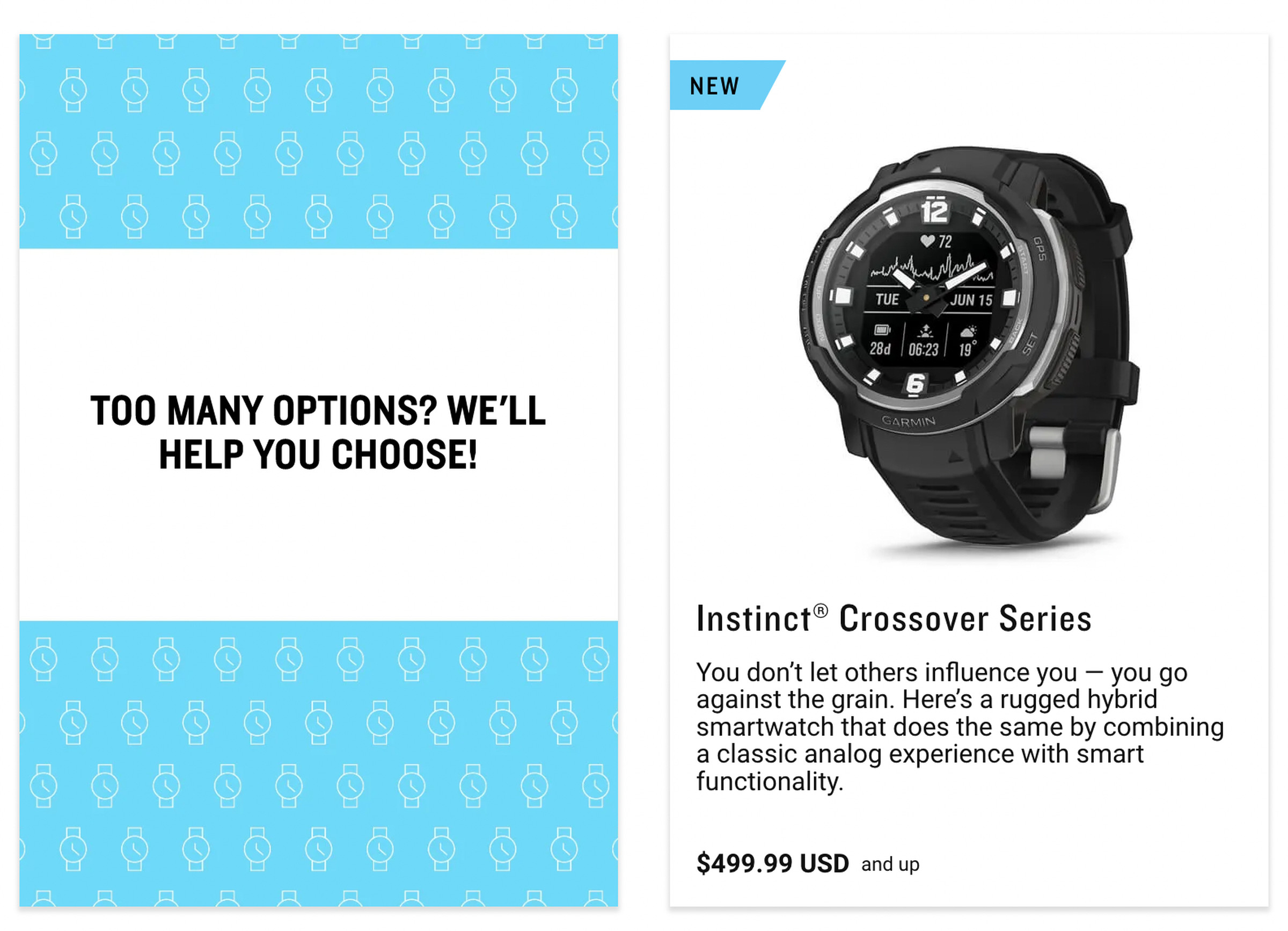 Screenshot that shows a link to a quiz that reads “Too many options? We’ll help you choose” on Garmin’s product page