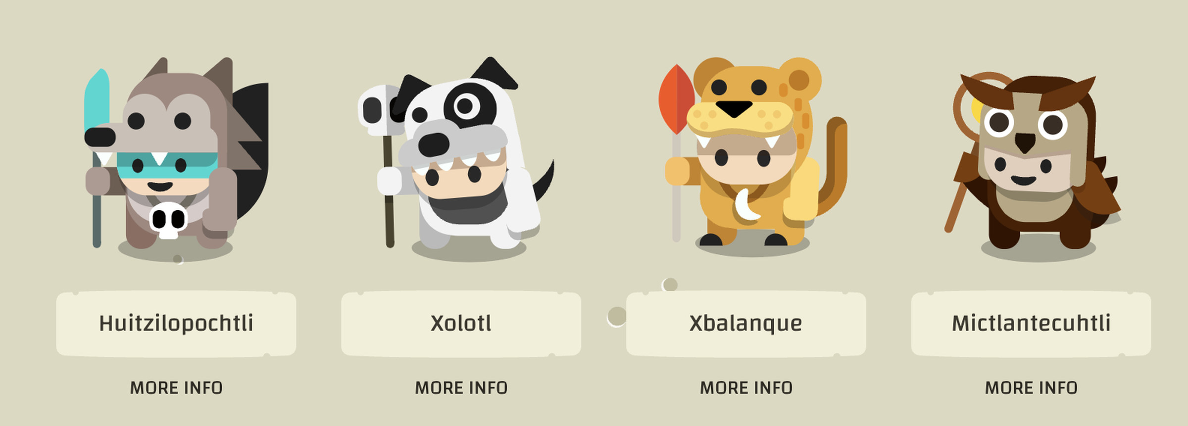 The four playable characters in Google’s Descent of the Serpent. A cartoon character is in a disguise of each animal — a wolf, a dog, a jaguar, and an owl.