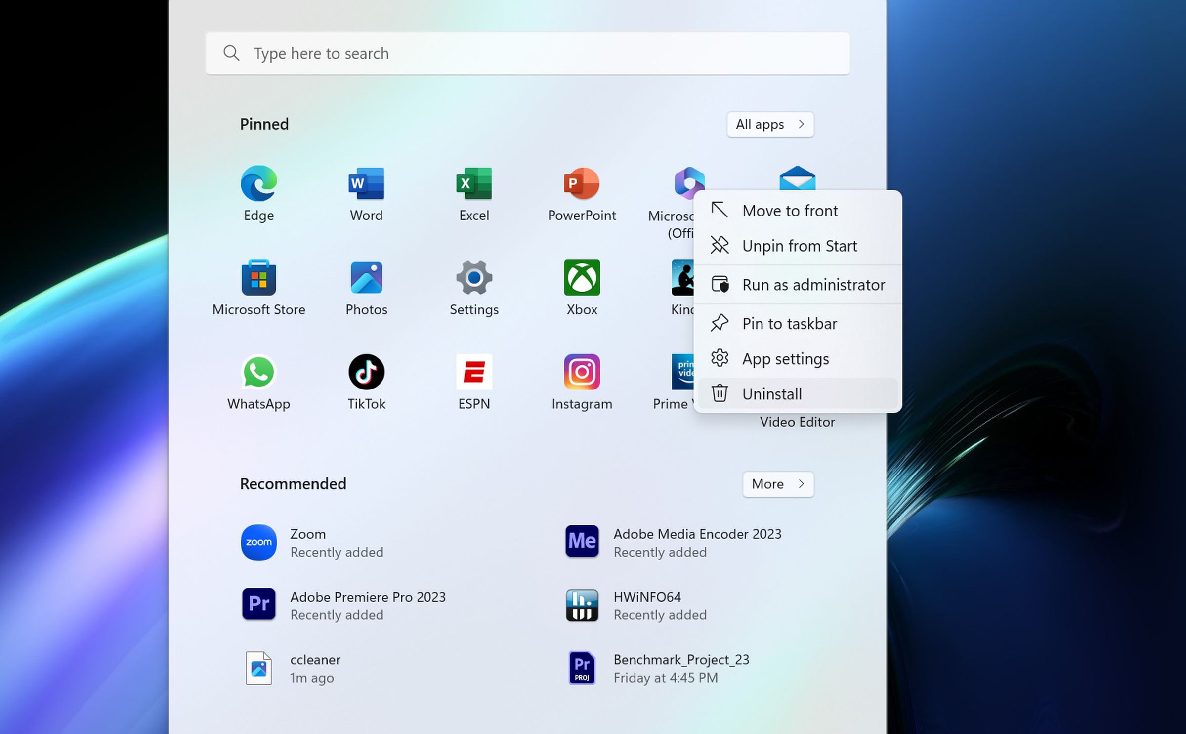 A screenshot of the Windows 11 Menu with Uninstall highlighted next to Microsoft office.