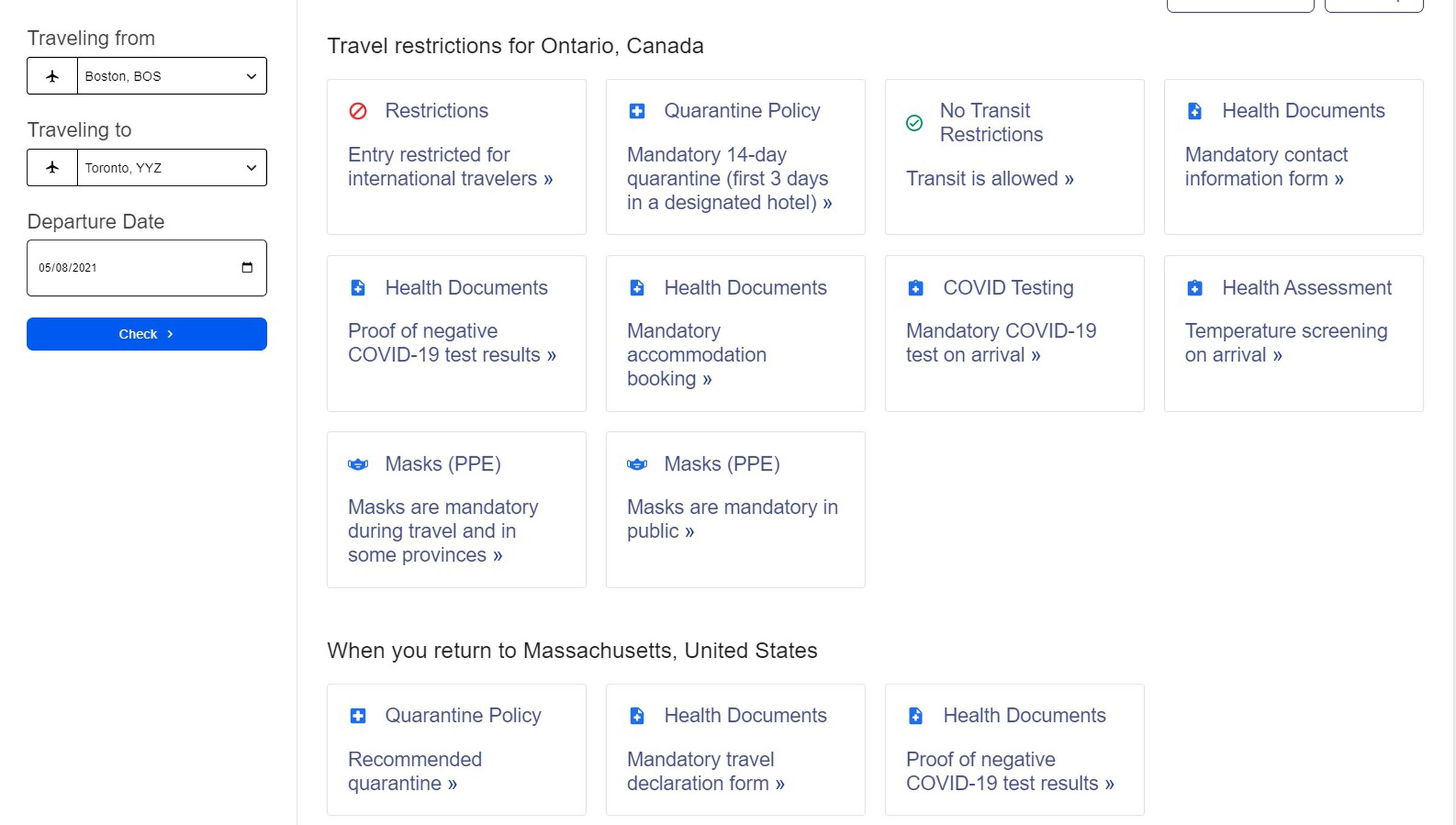 Travel Advisor shows the COVID-19 restrictions for a May 8th trip from Boston to Toronto.