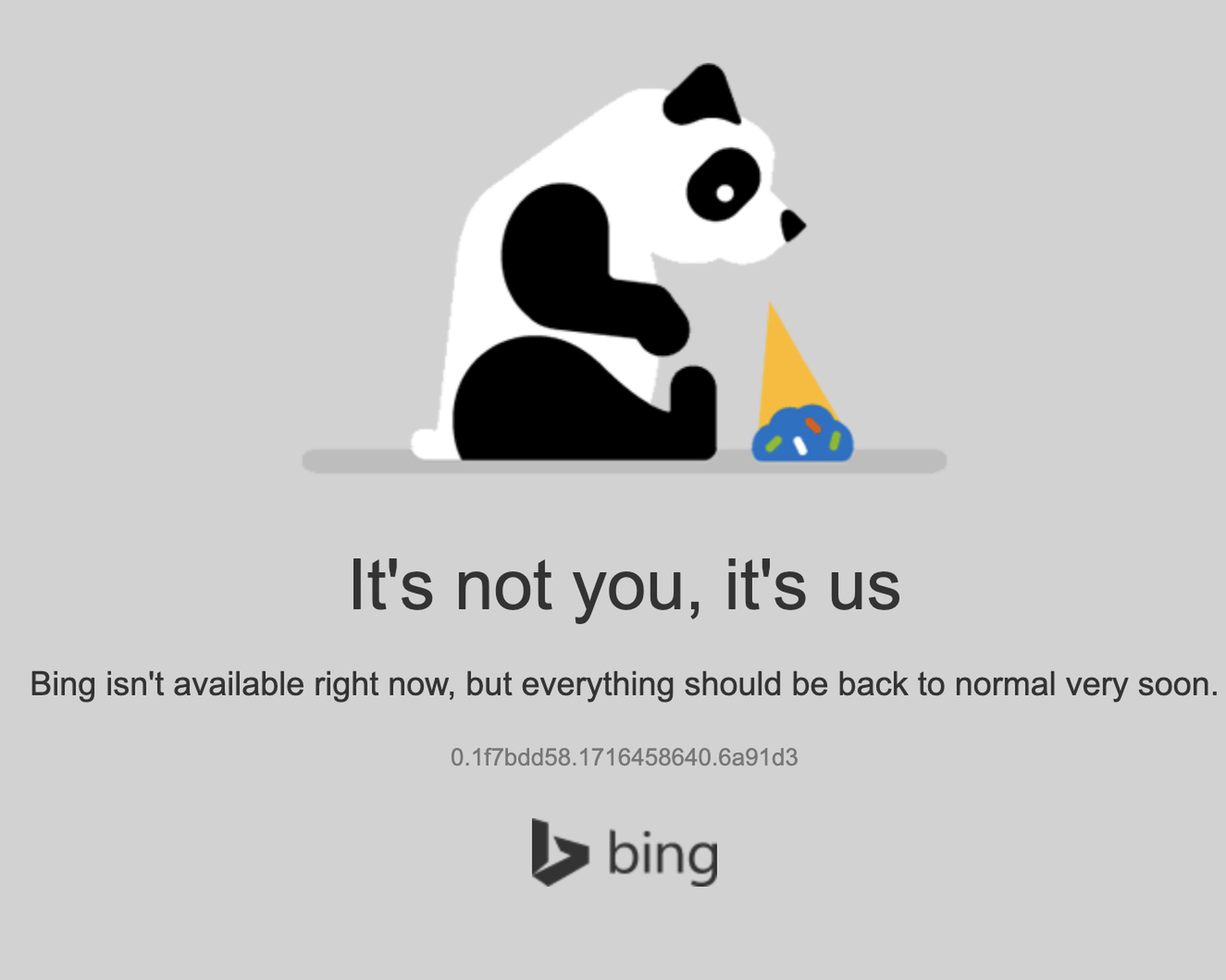 Bing’s error message displaying a sad panda that dropped its icecream.