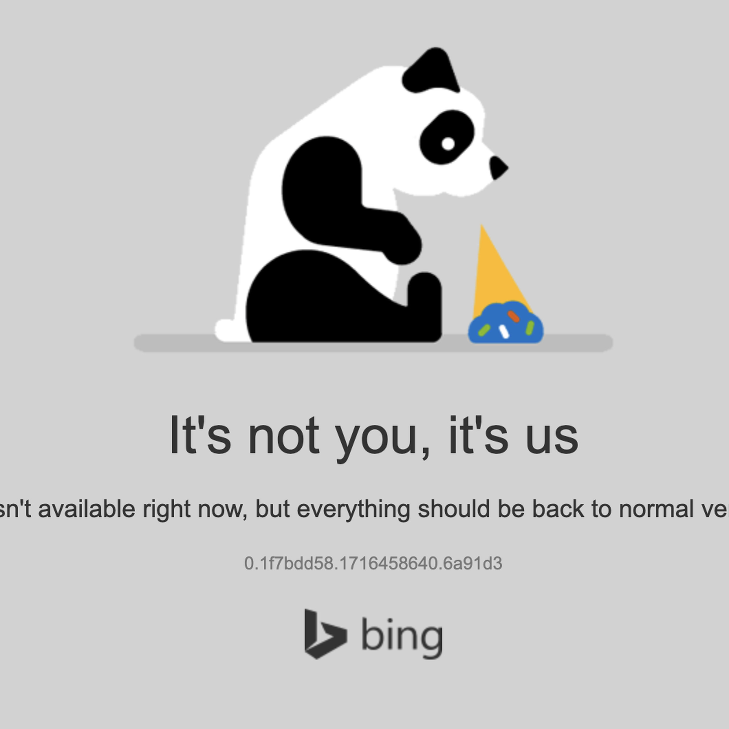Bing’s error message displaying a sad panda that dropped its icecream.