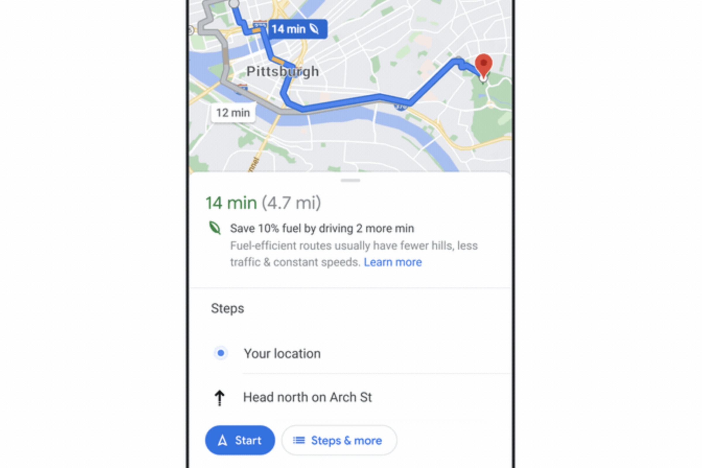 A screenshot of the Google Maps app displaying a route it says can save 10 percent of fuel by “driving 2 more” minutes.