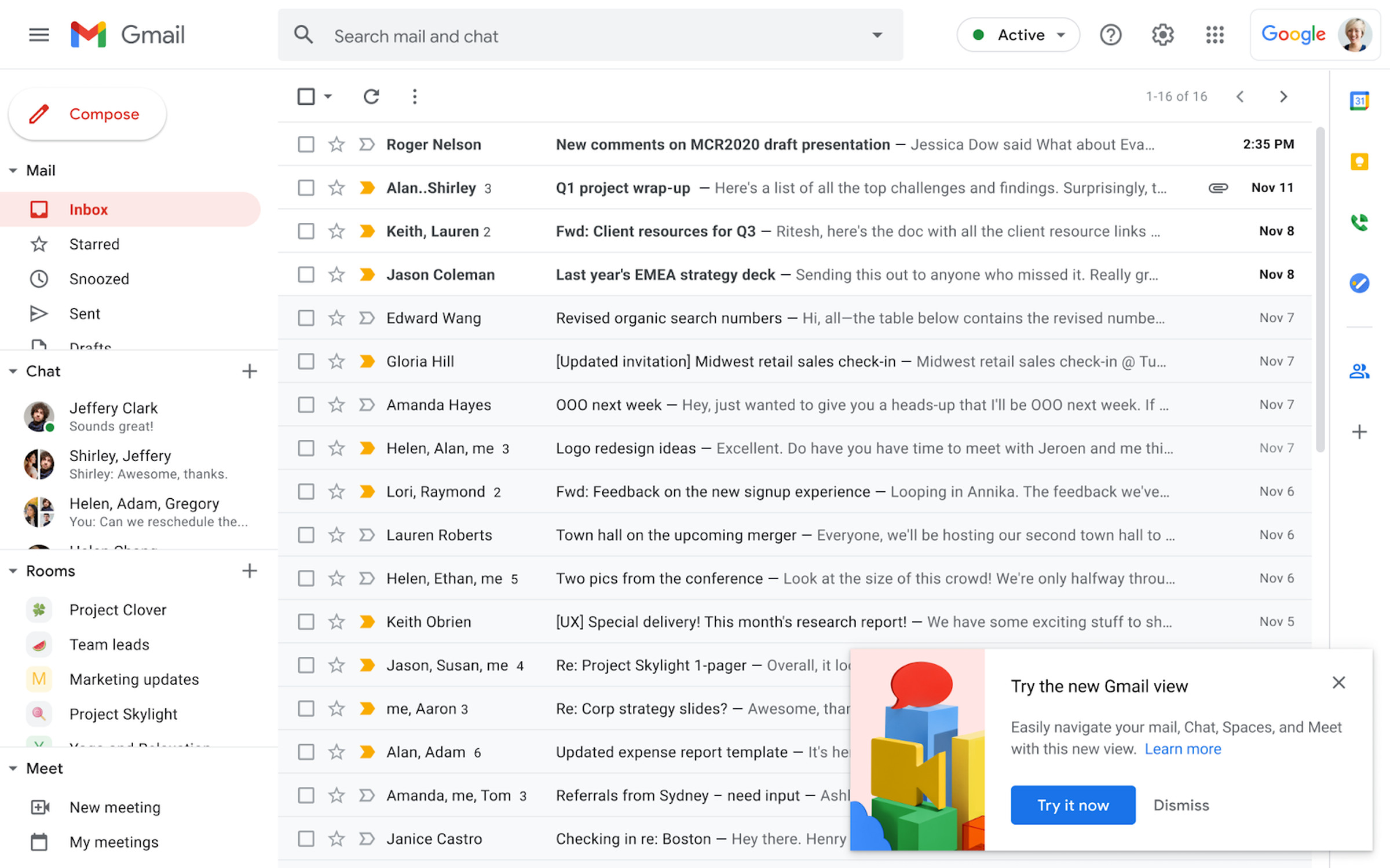 Google’s blog includes an image of the current, old Gmail interface with a pop-up asking if you want to try the new view.