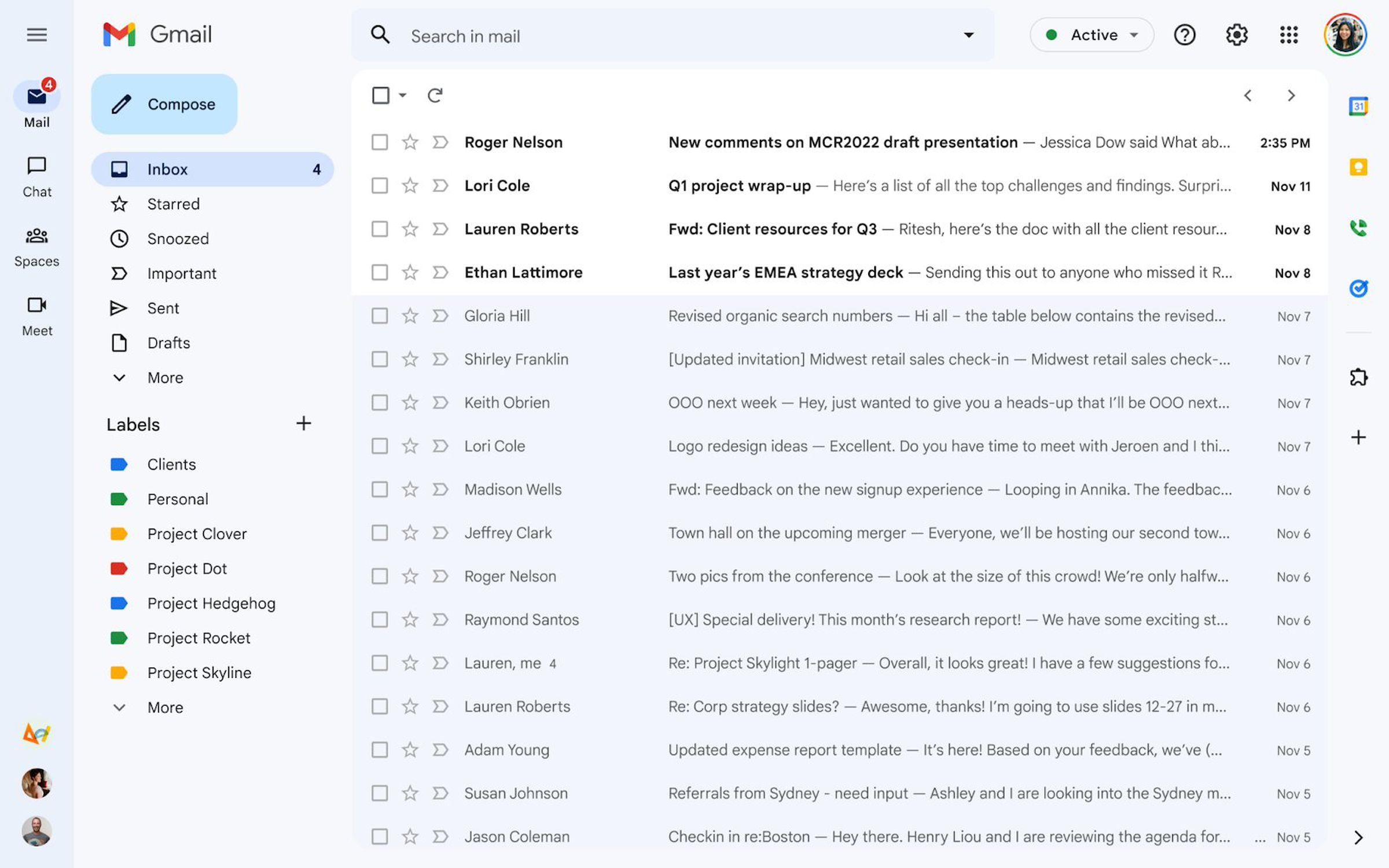 The new Gmail UI sets buttons for Gmail, Chat, Spaces, and Meet on one rail.