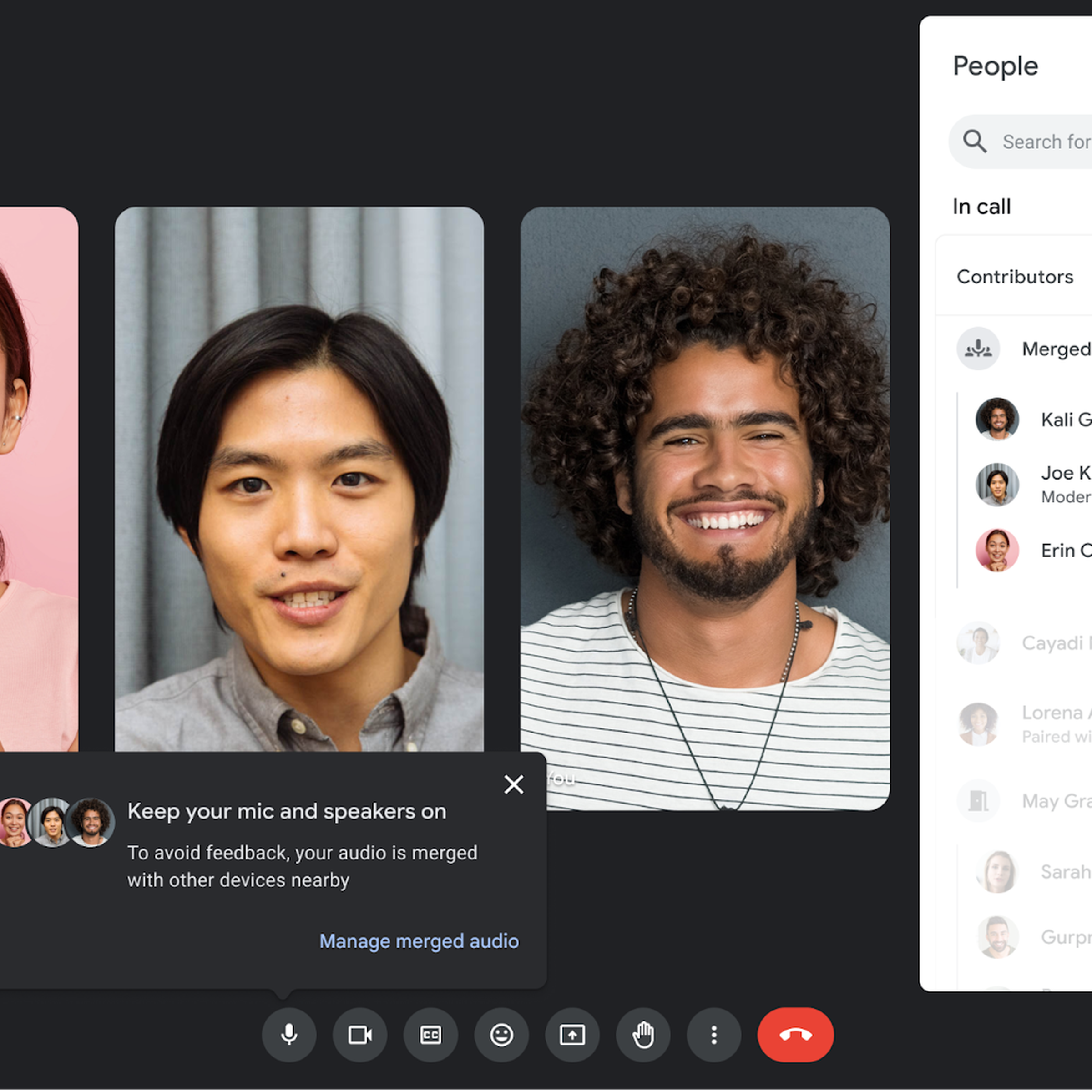 A screenshot of Google Meet’s people panel, with photos of participants using the new adaptive audio feature.