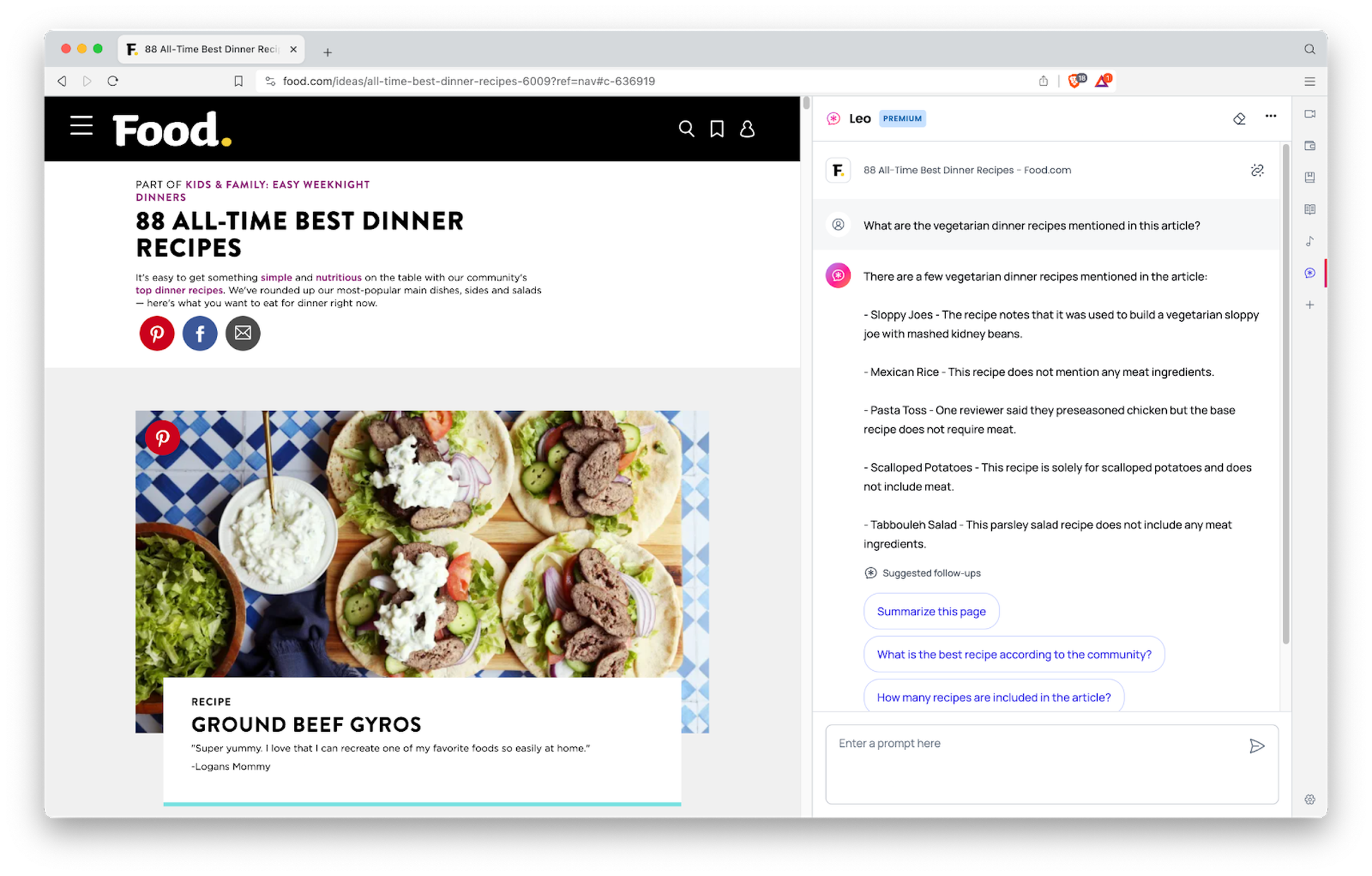 A screenshot of Food.com displaying Brave’s Leo chatbot.