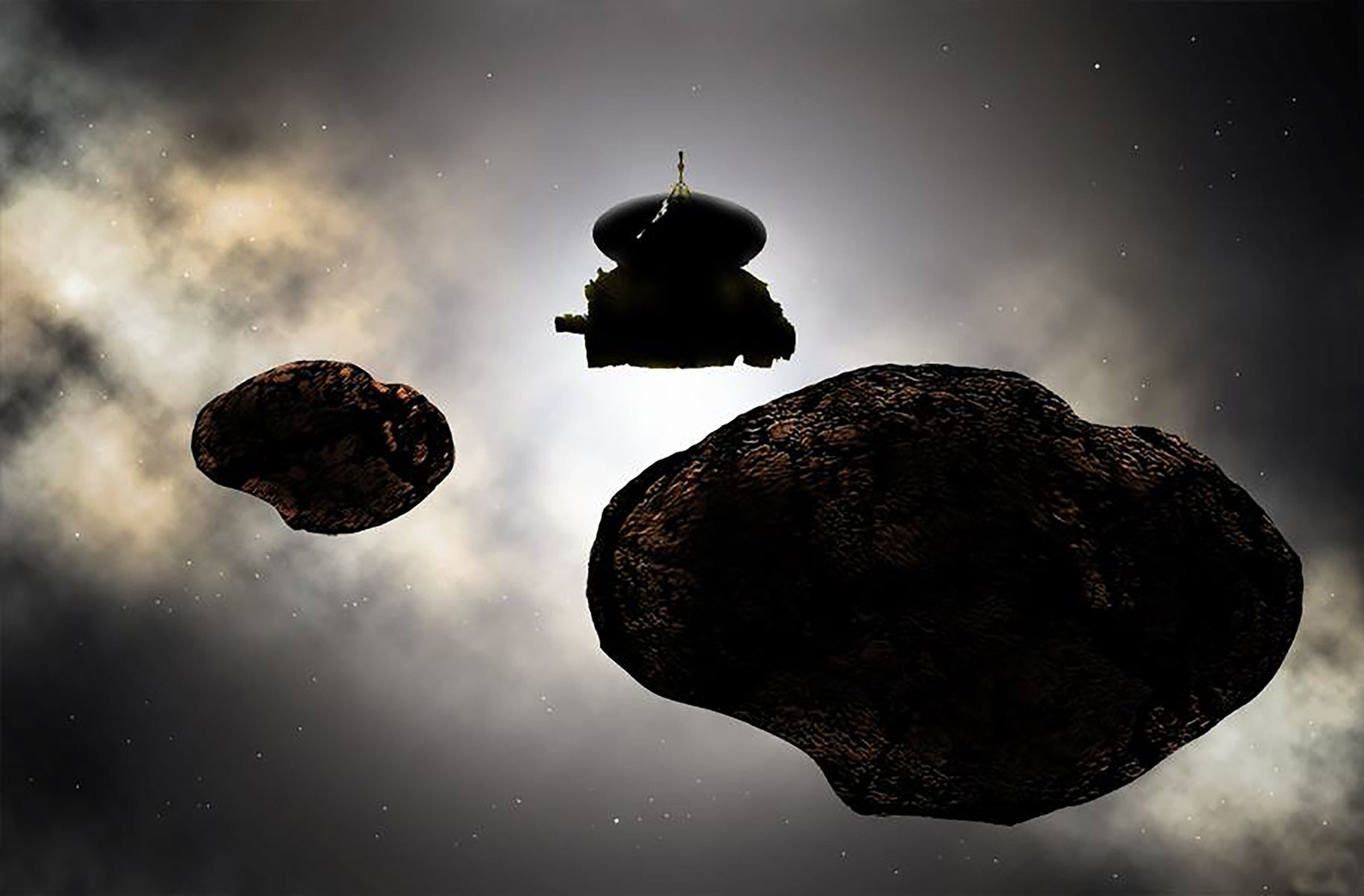 An artistic rendering of New Horizons meeting up with MU69, which may be two objects instead of one.