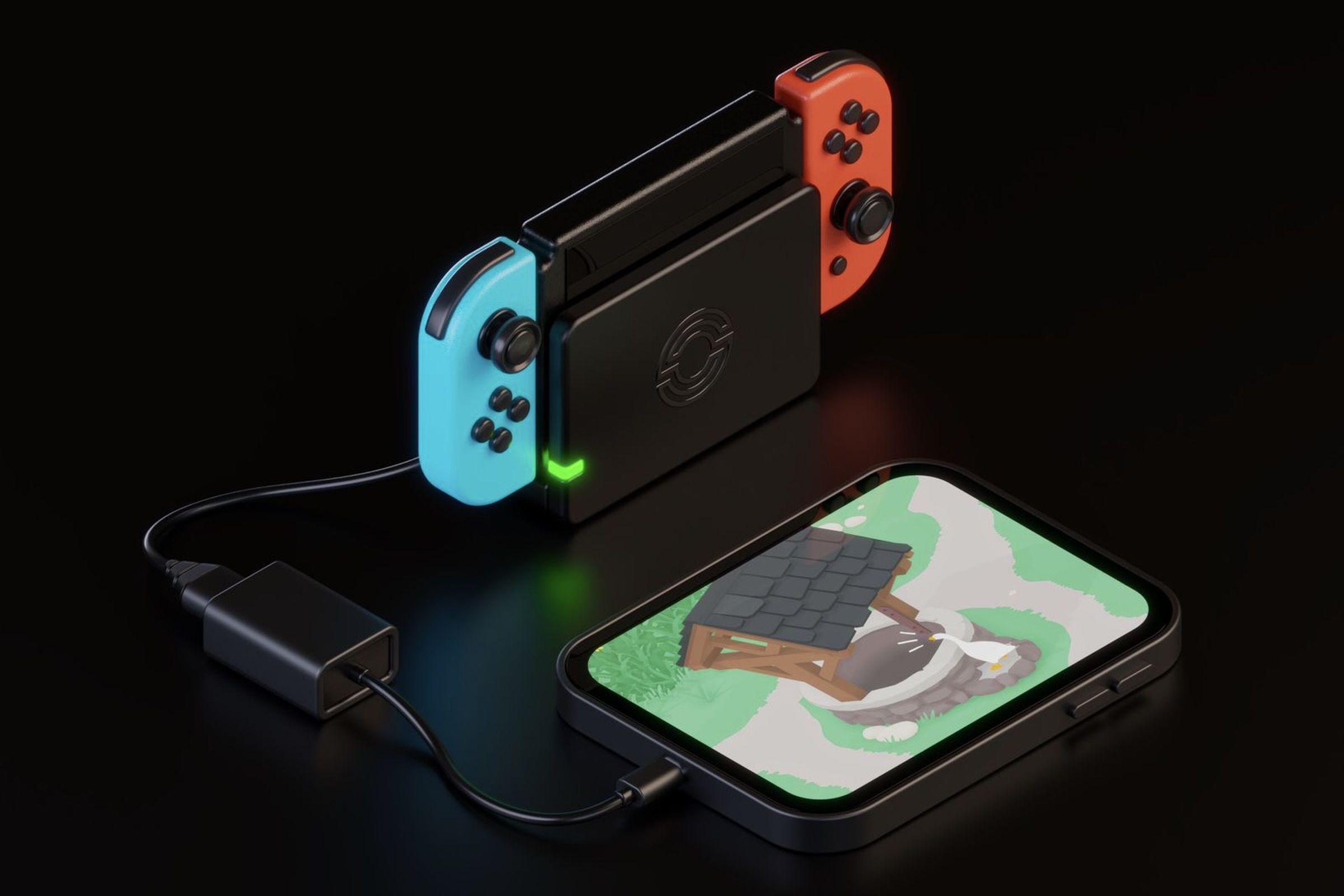 3D rendering of a Nintendo Switch with a capture box hooked up to an iPad
