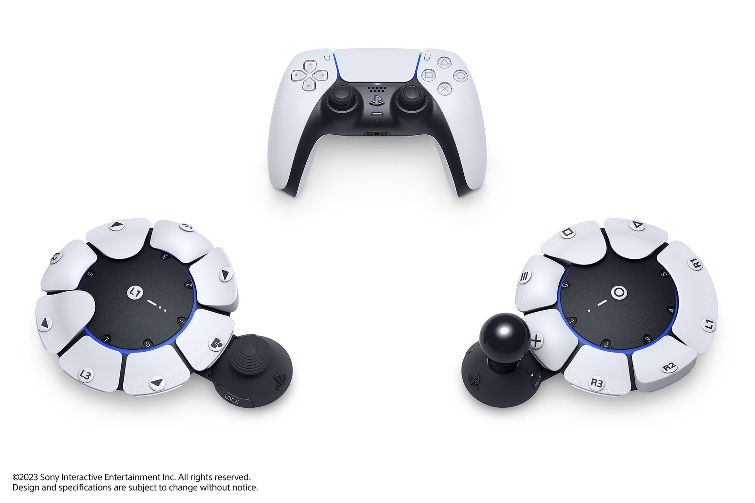 An image showing a left and right controller for Project Leonardo. The controllers are circular, with large buttons around the edge of the ring. A large joystick hangs off of one side on each ring.