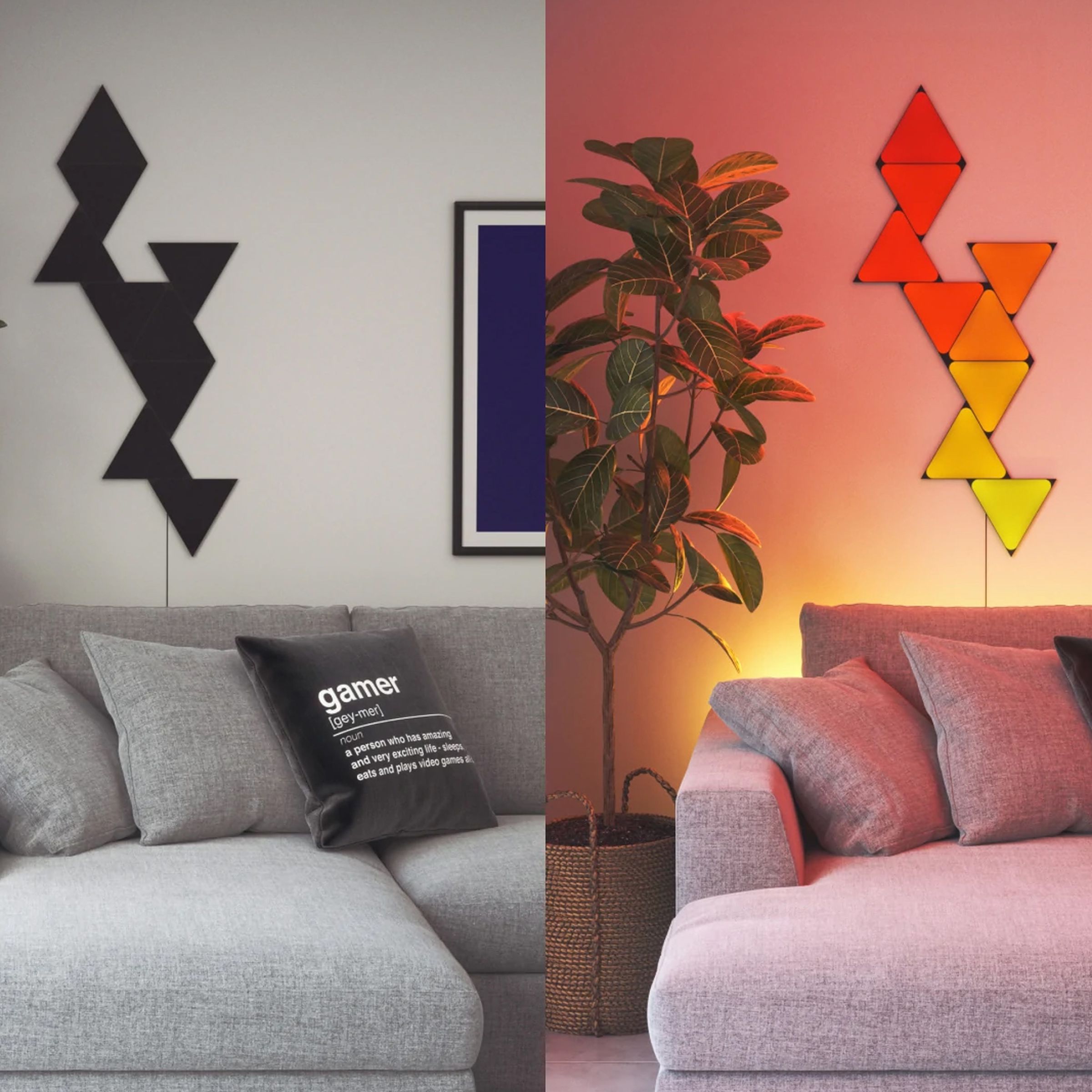 A side-by-side image of the Nanoleaf Ultra Black Triangles on a wall. The image on the left shows them turned off, and the image on the right shows them lit up in red and yellow.