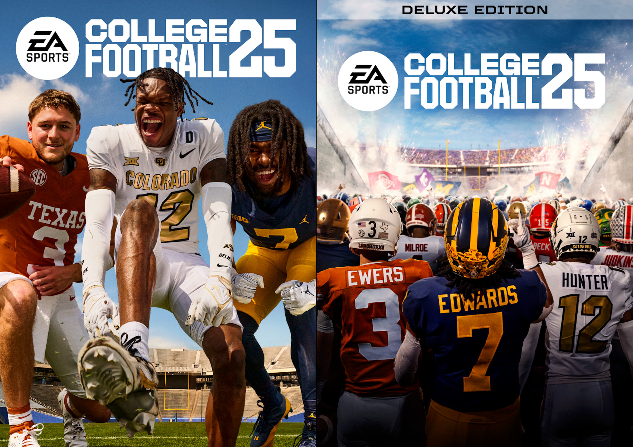Cover art for two editions of the EA Sports College Football 25 game showing Michigan running back Donovan Edwards, Texas quarterback Quinn Ewers, and Colorado wide receiver/defensive back Travis Hunter.
