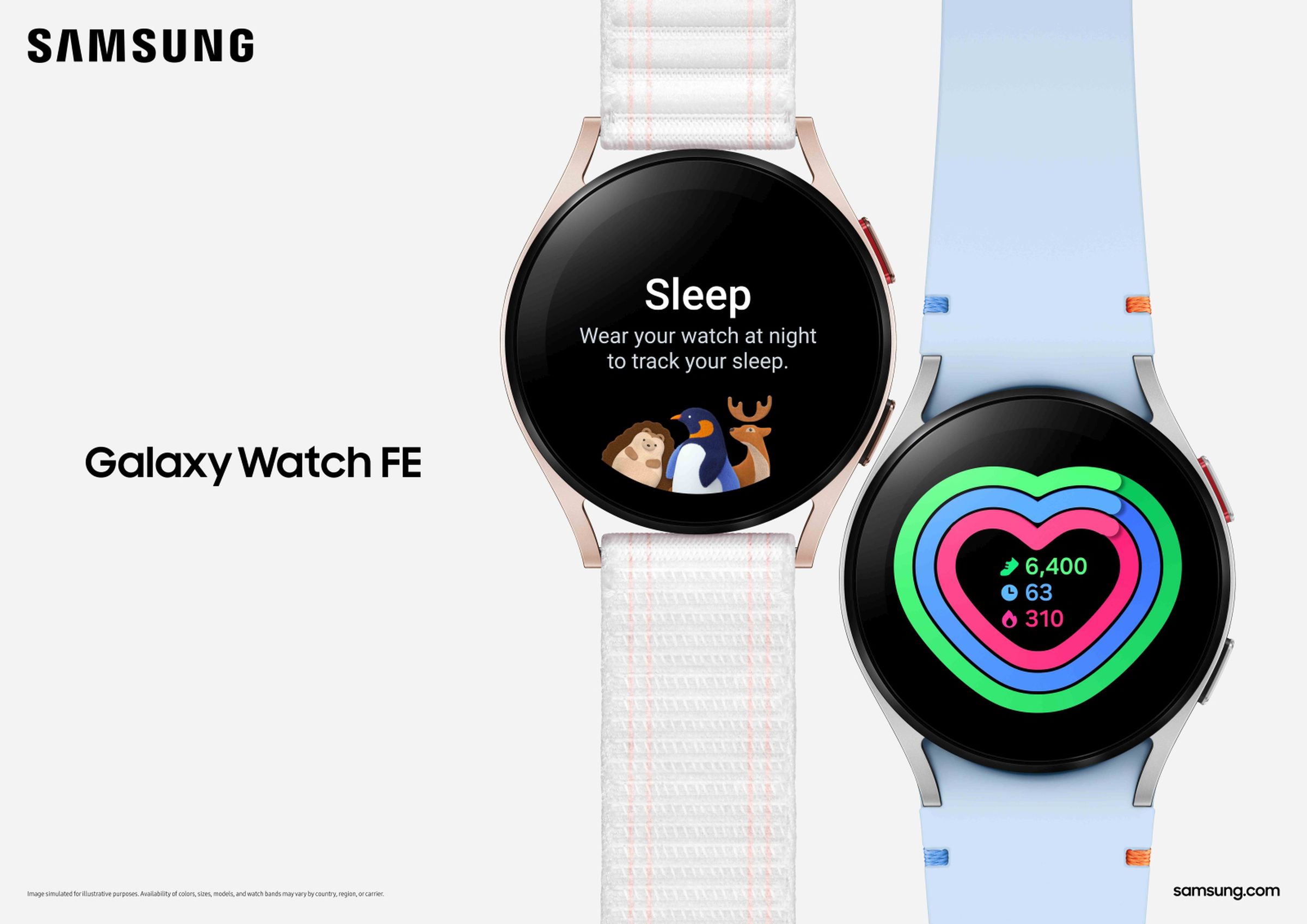 Galaxy Watch FE in black, light blue, and pink