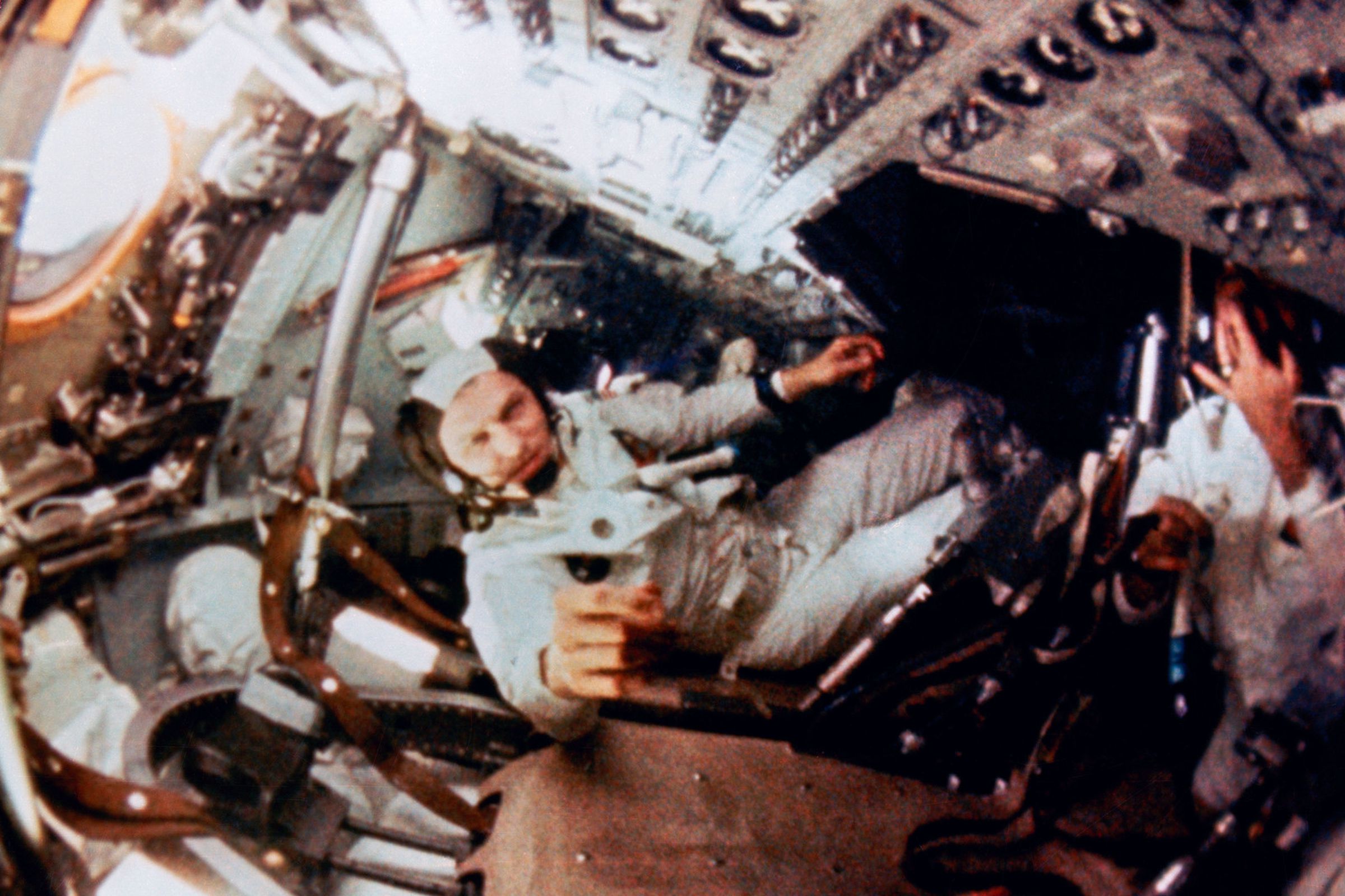 Astronaut Frank Borman, mission commander, is shown during intravehicular activity (IVA) on the Apollo 8 lunar orbit mission. This still print was made from movie film exposed by an onboard 16mm motion picture camera.
