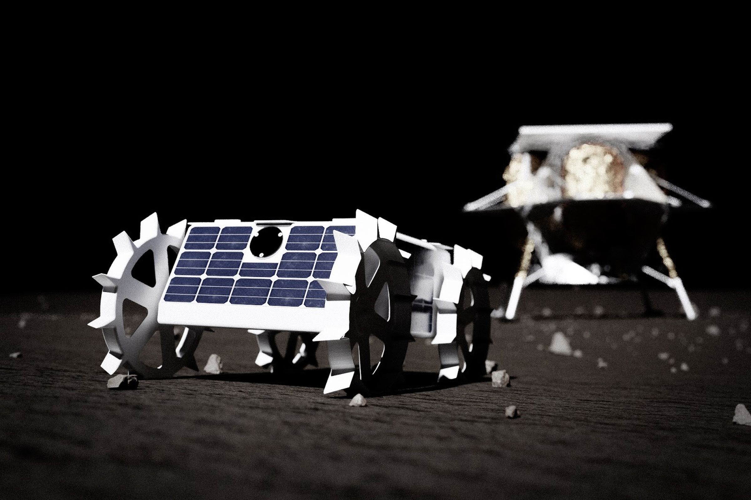An artistic rendering of Carnegie Mellon’s rover next to the Peregrine lander