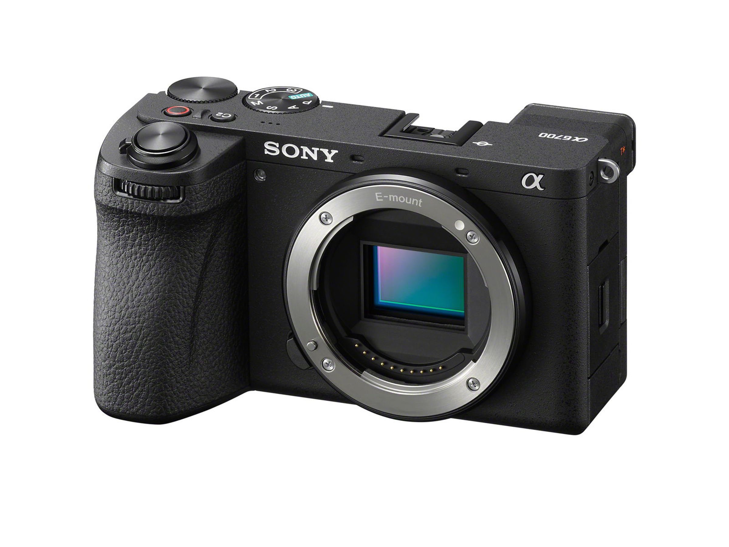 Isometric front view of the Sony A6700 with no lens