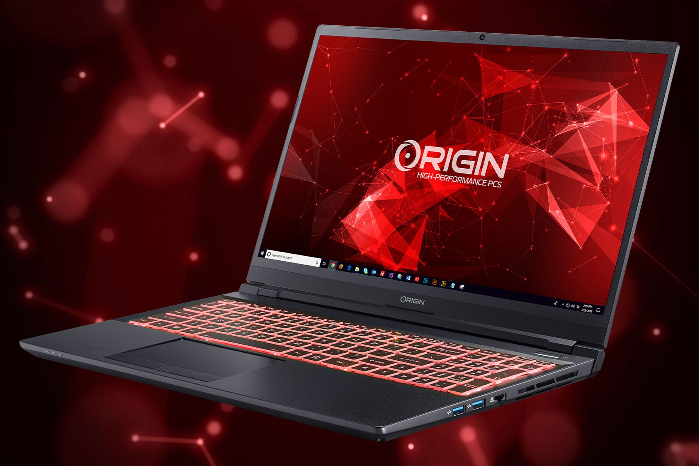 The Origin EVO15-S angled to the left, open, on a red and black background. The screen displays the Origin logo.