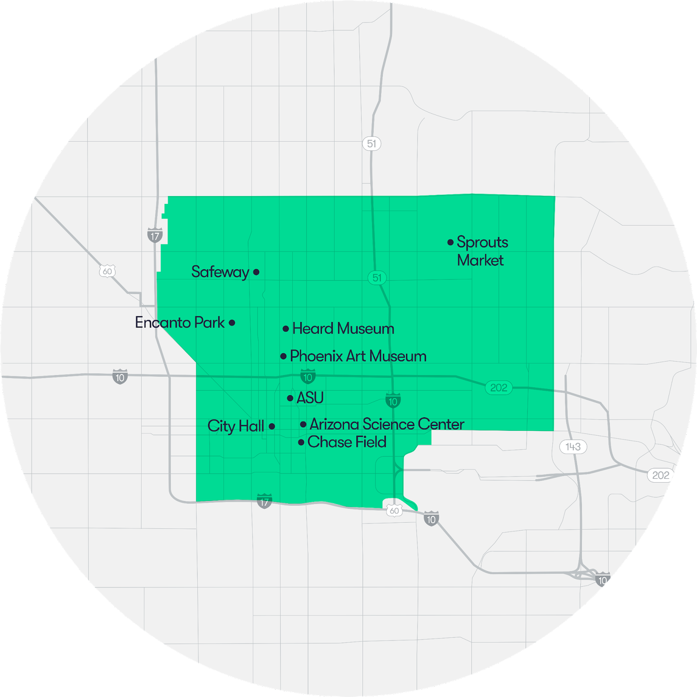 Waymo’s new service area in Phoenix includes the city’s downtown. 