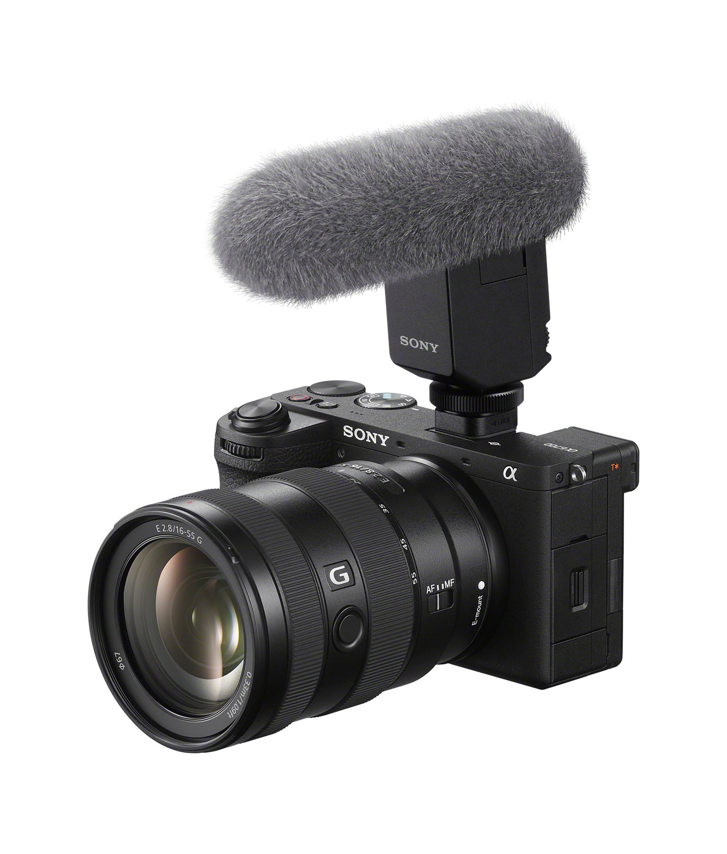 Three quarter view of the Sony A6700 with a microphone attachment on the top