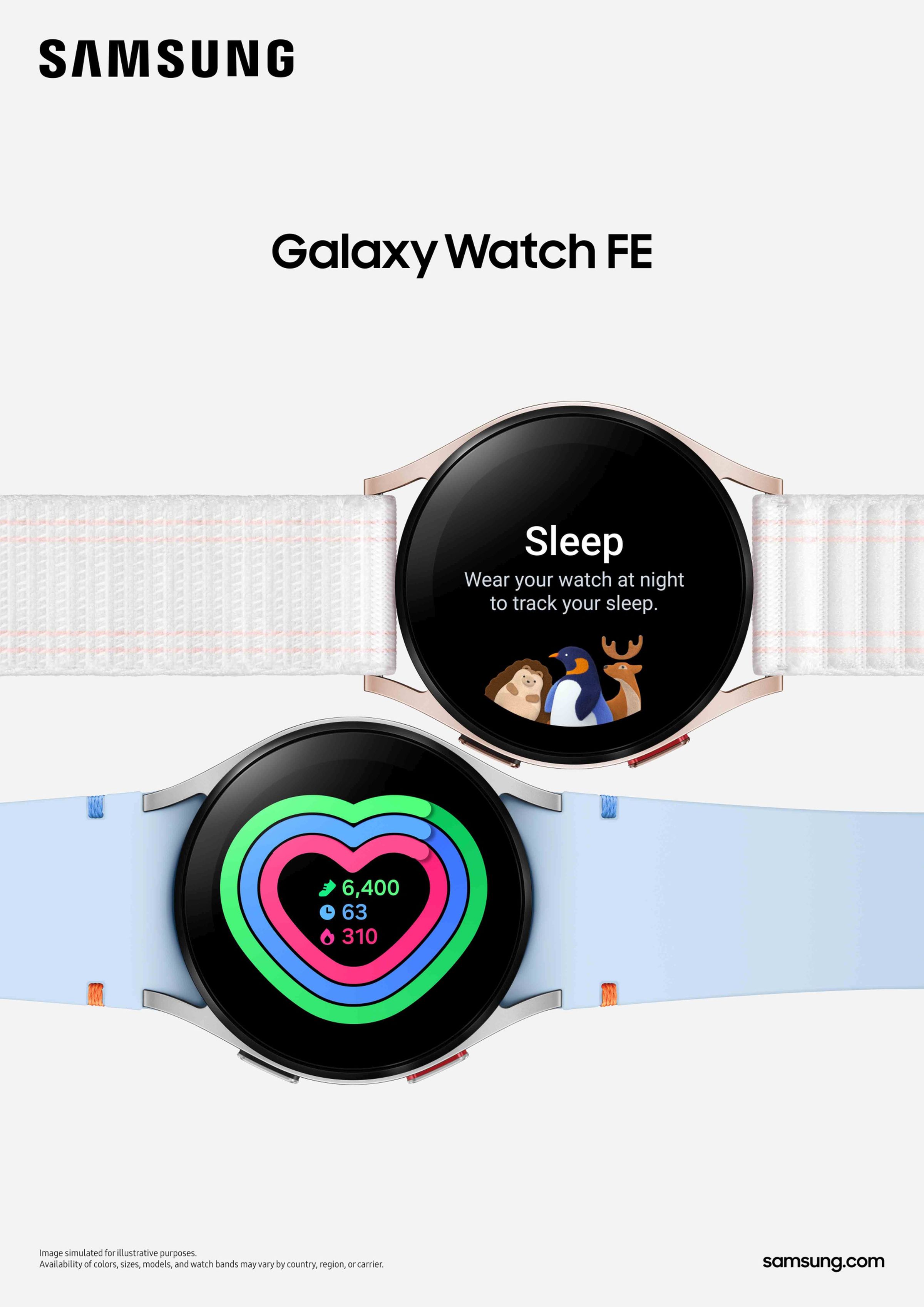 Galaxy Watch FE in black, light blue, and pink