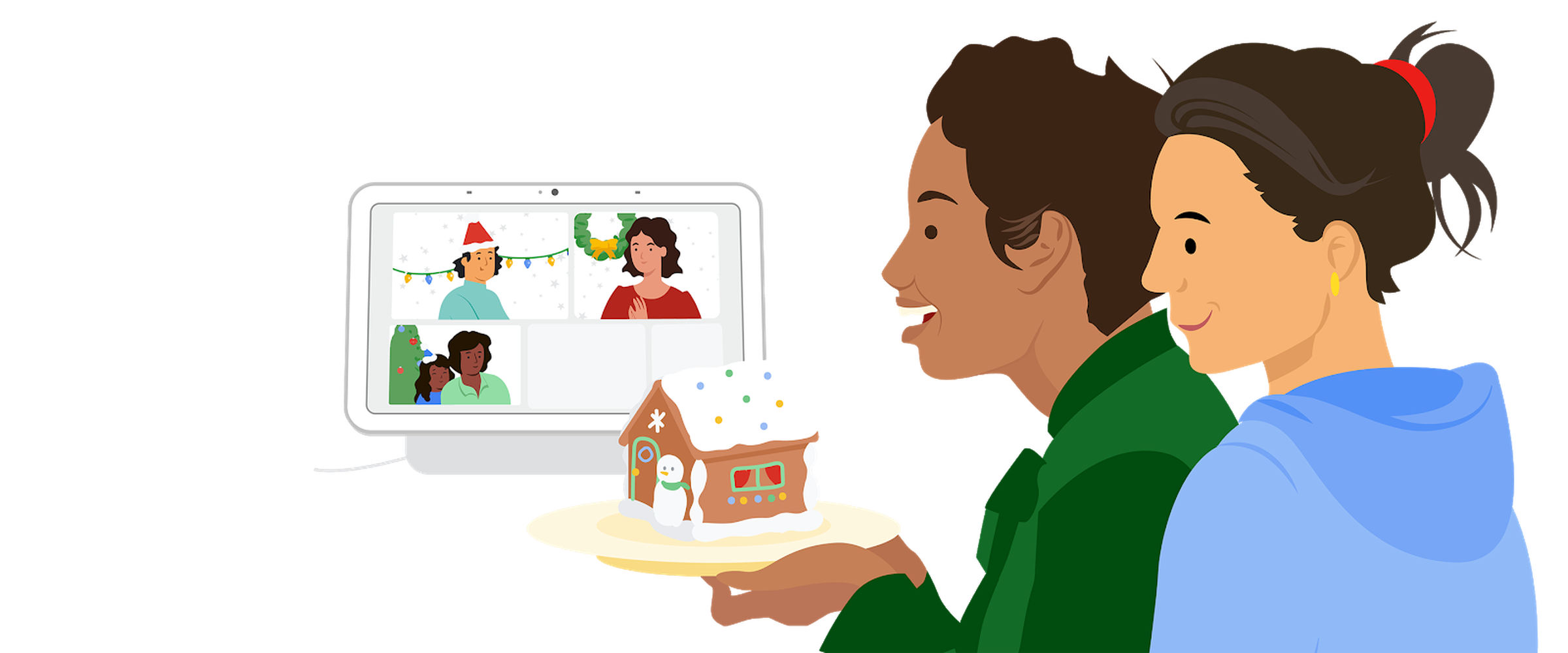 Two people showing off a gingerbread house using their Google Nest Hub Max