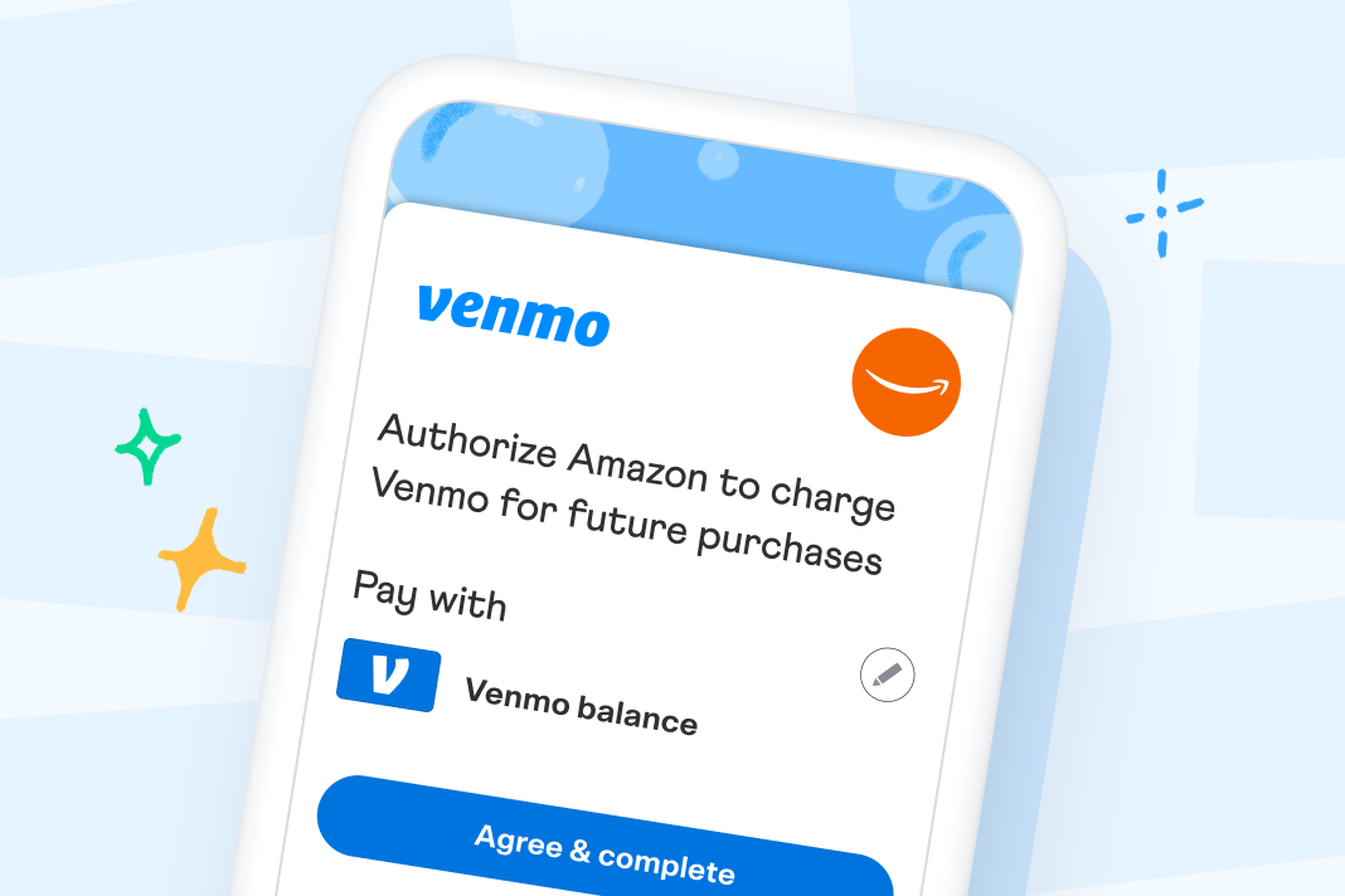 Illustration showing the screen that lets you authorize Amazon to use your Venmo account for payments.