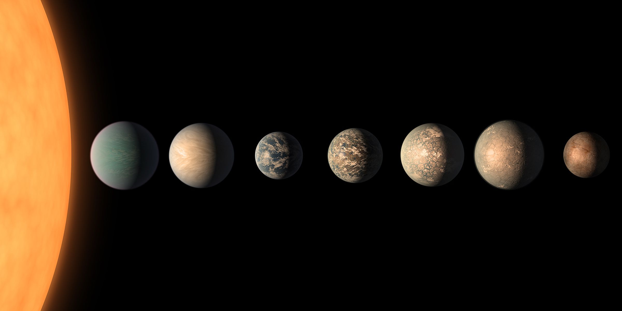 An artistic illustration of what the planets in the TRAPPIST-1 system could look like.