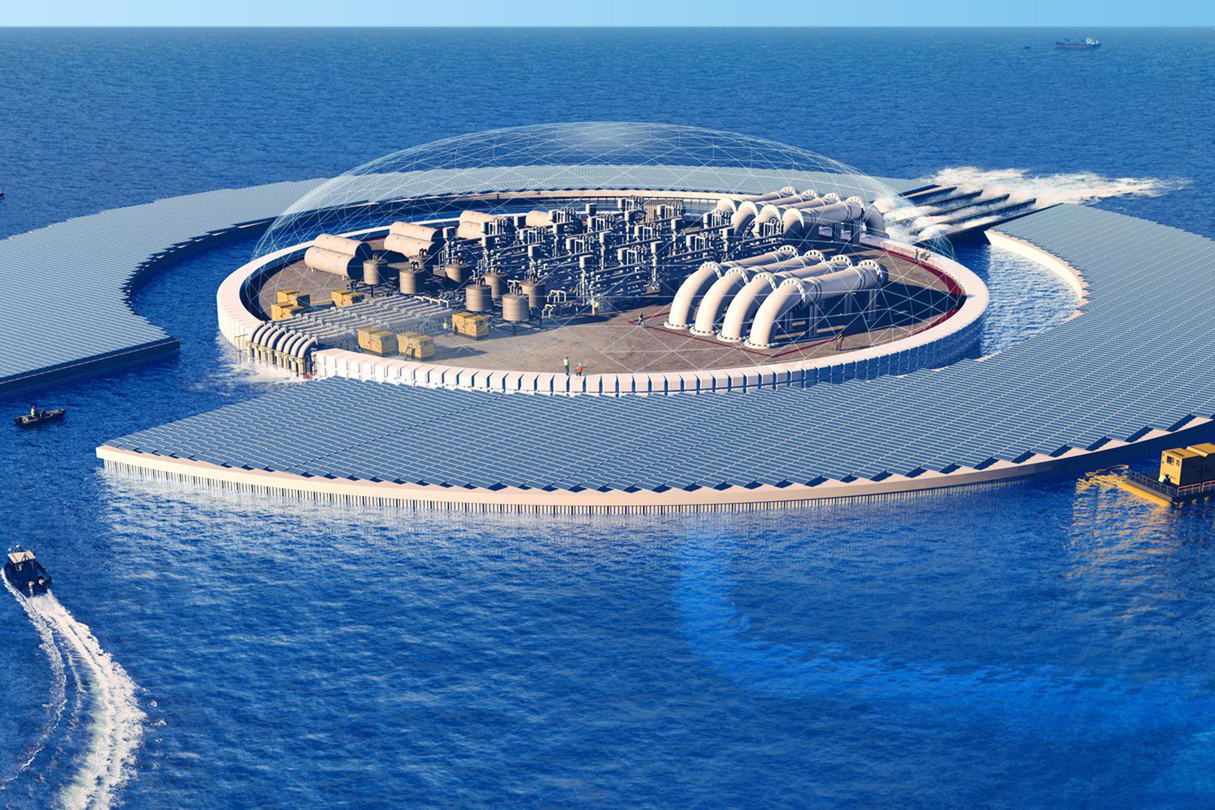 A rendering of a water filtration system that sits atop a platform in the ocean.