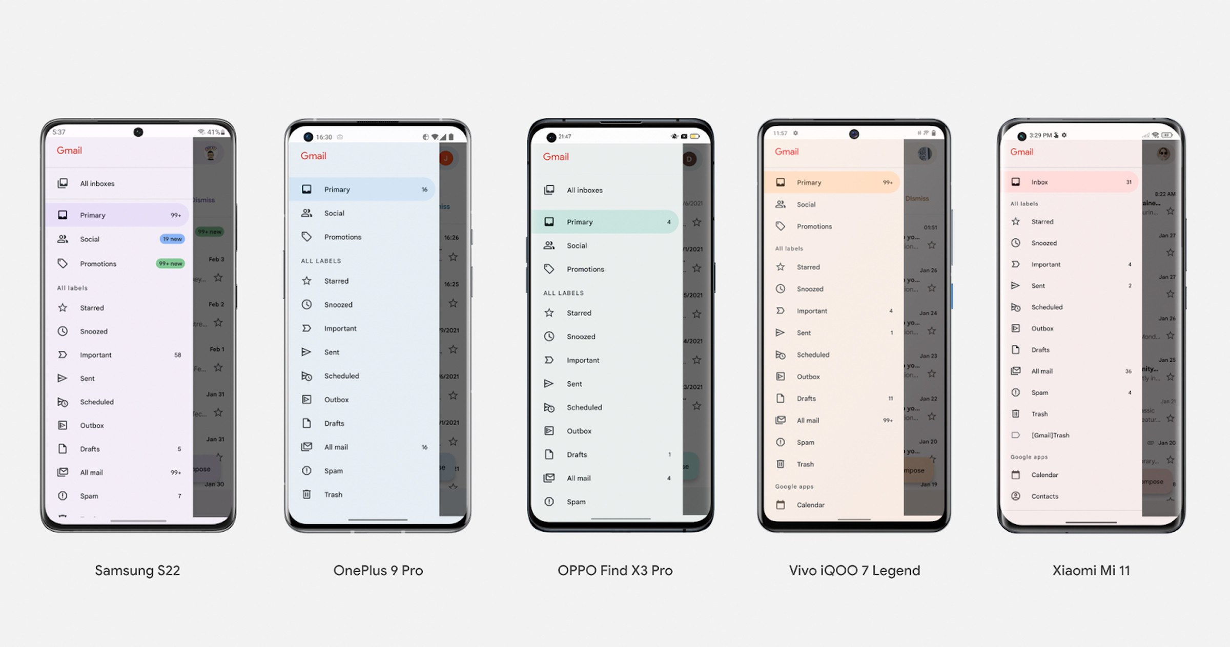 Here are some examples of how the color themes will appear on different phones.