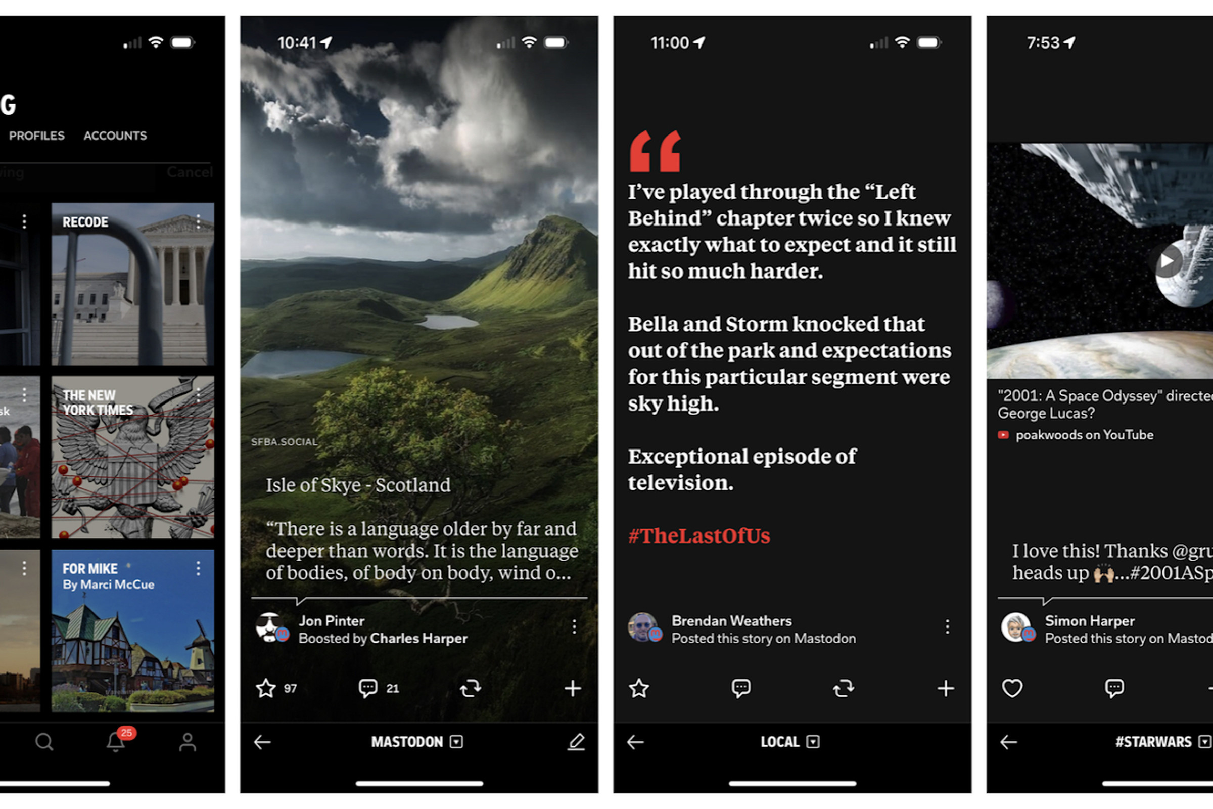 Four screenshots of Mastodon posts, on Flipboard.