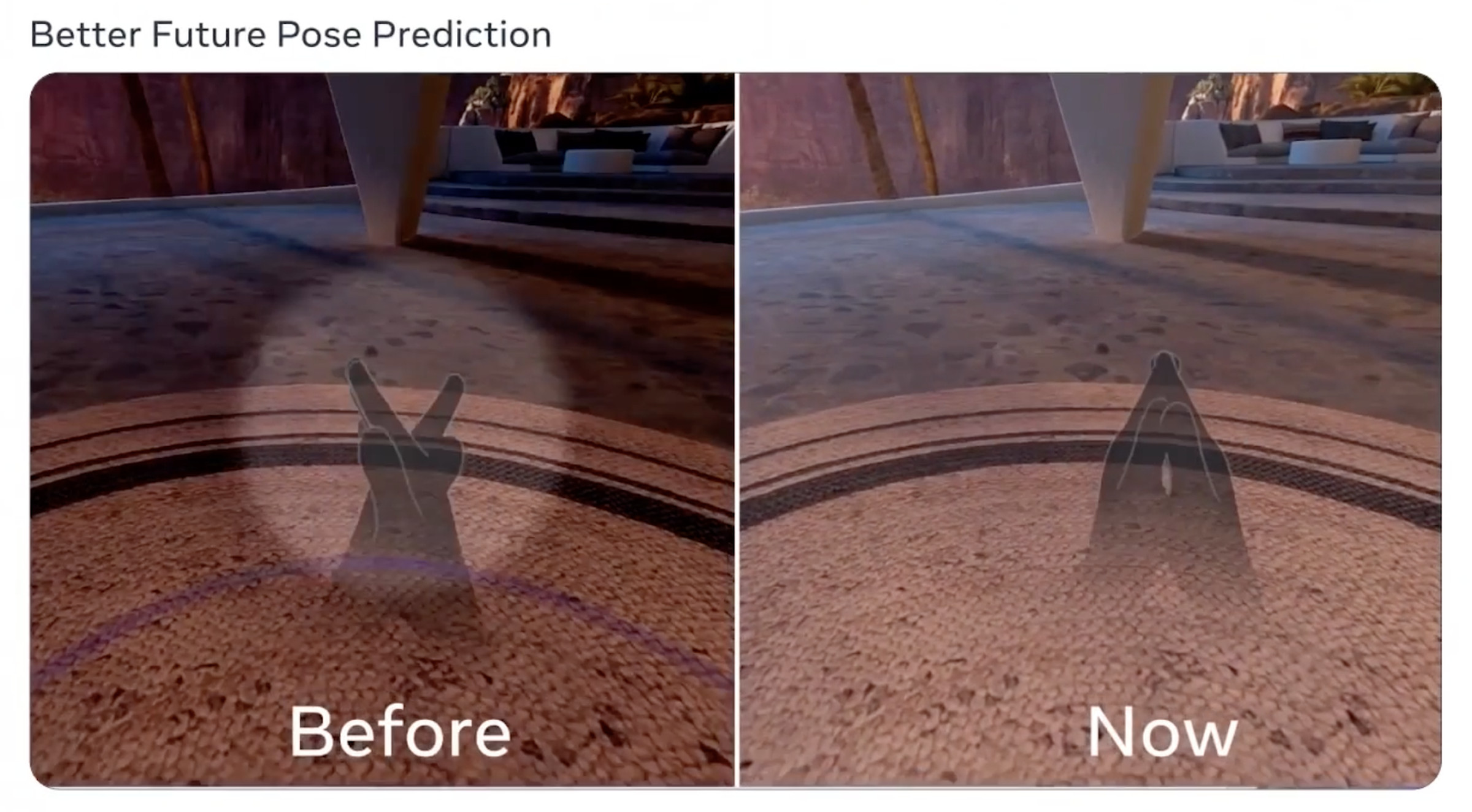 Hand Tracking 2.1'in gelecekteki el konumlarını nasıl tahmin edebileceğini gösteren Meta'dan iki ekran görüntüsü.