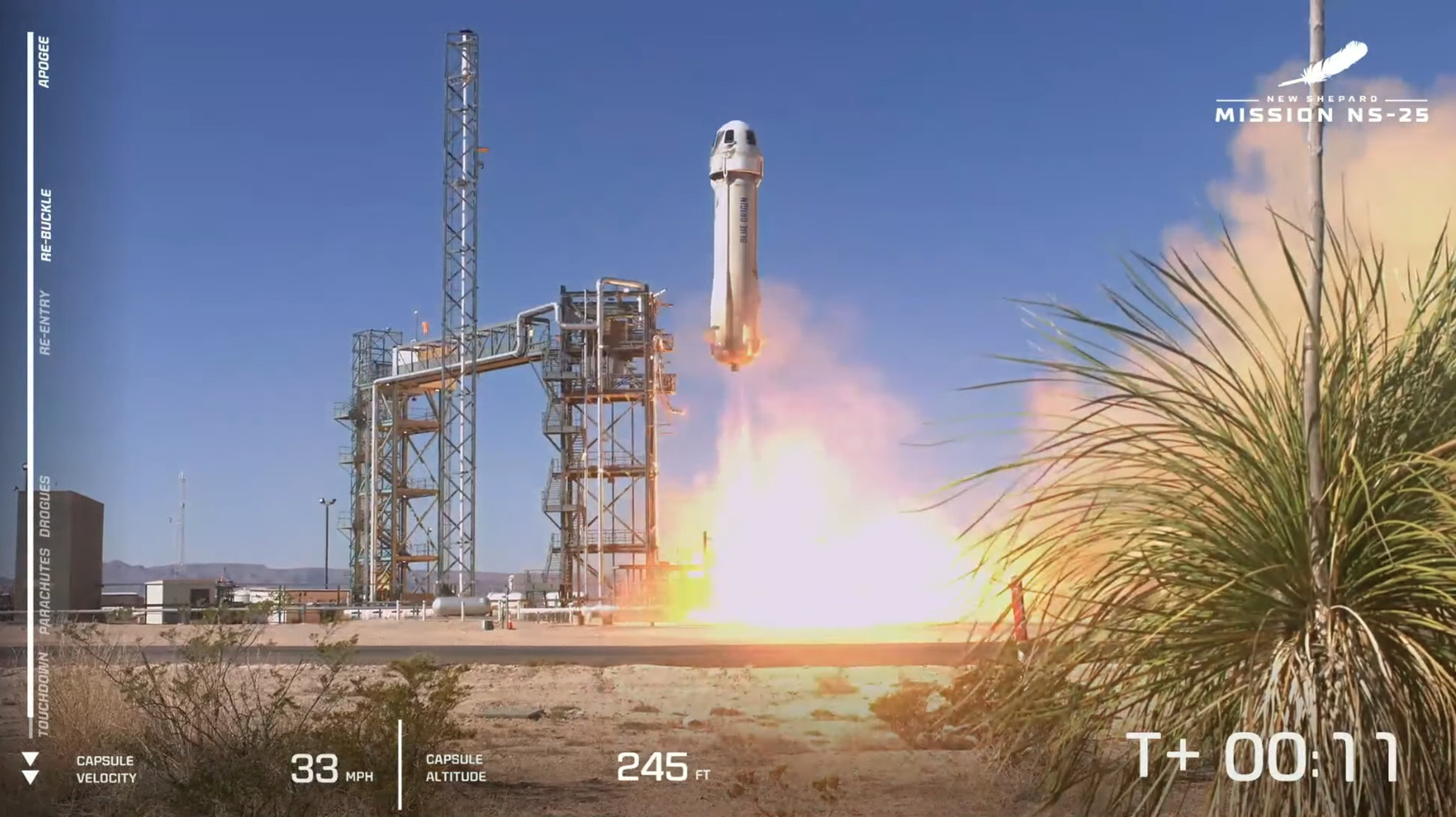 A screenshot showing the Blue Origin New Shepard rocket launching on May 19th.