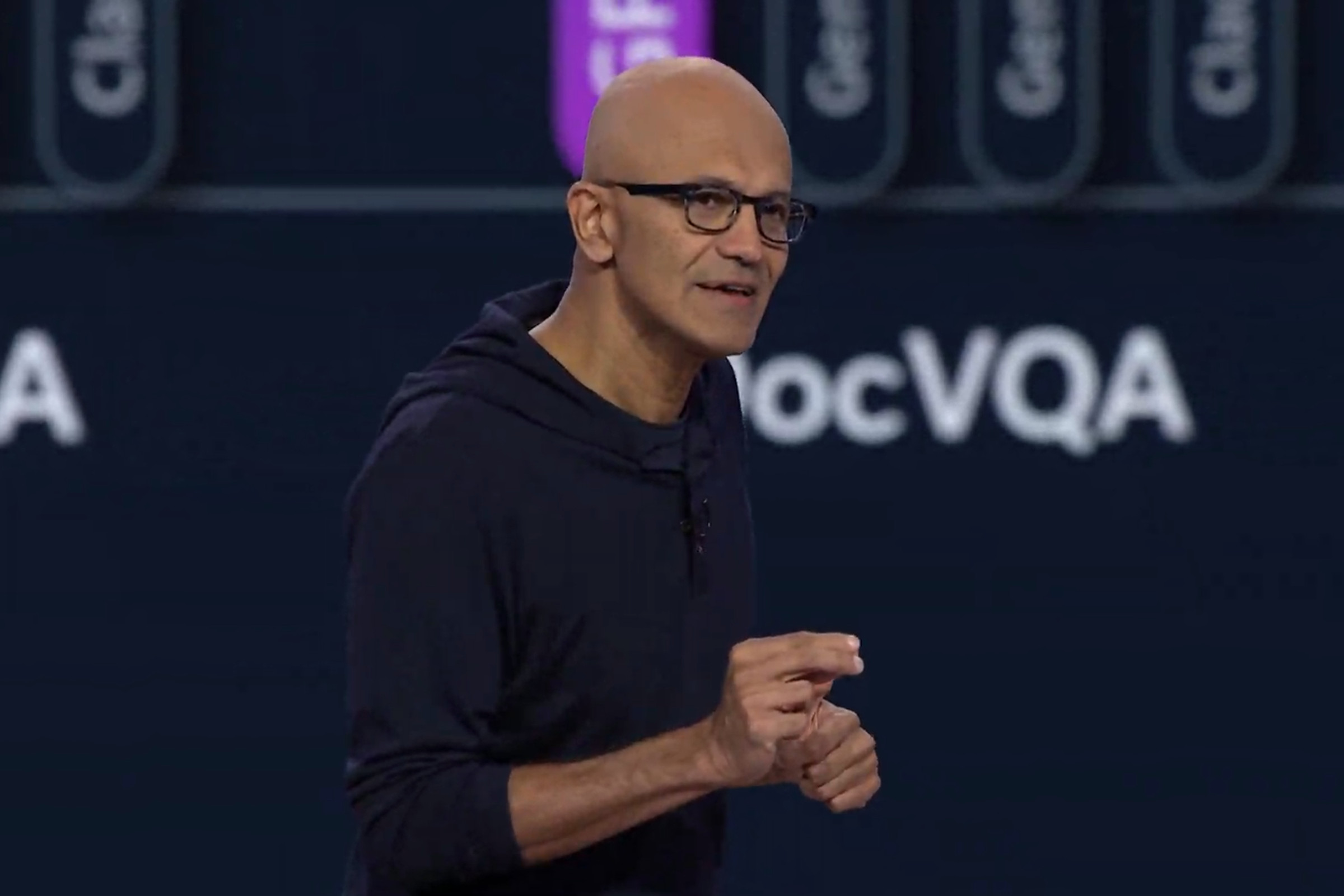 A picture of Microsoft CEO Satya Nadella speaking.
